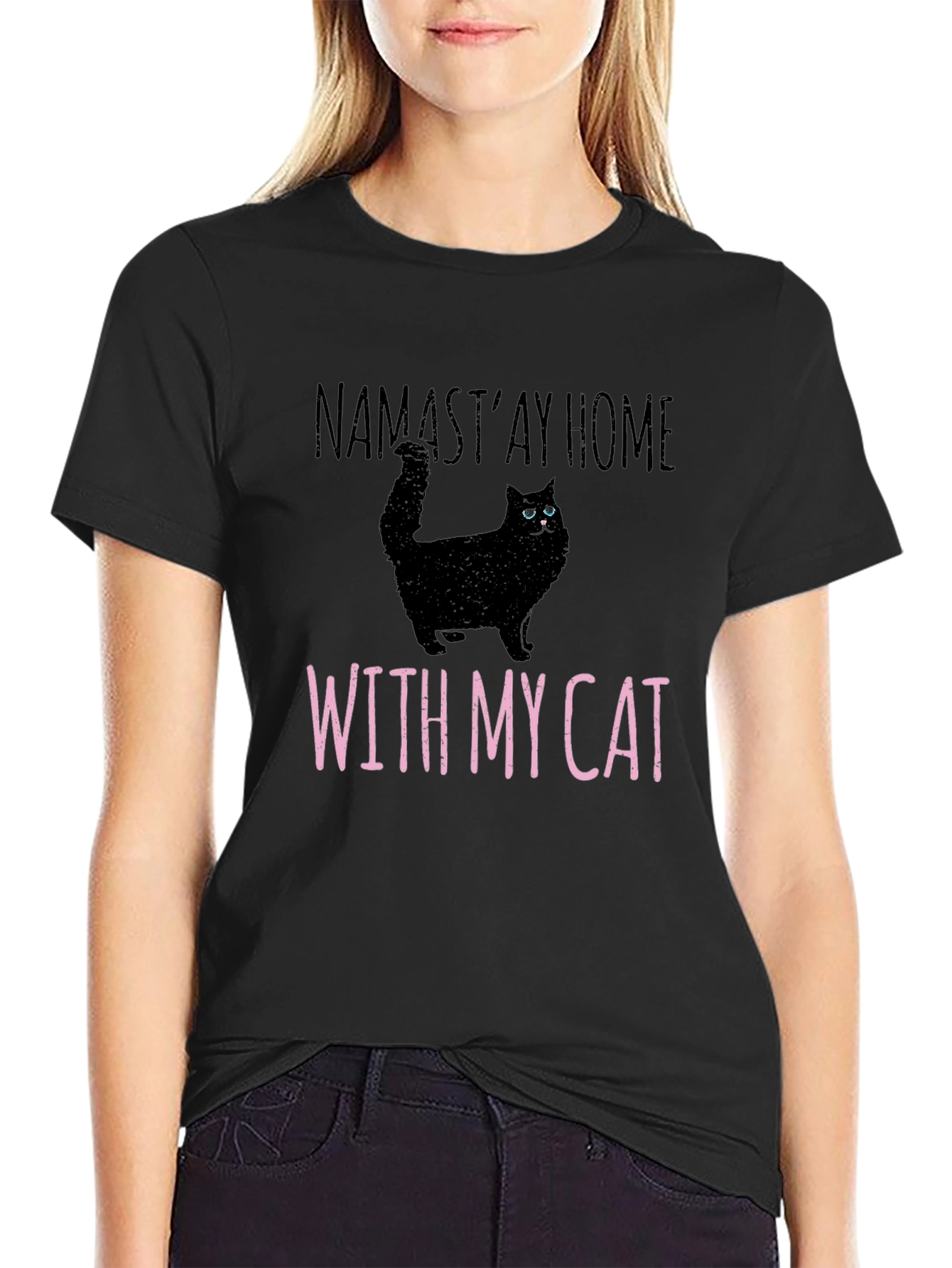 Namastay Home With My Cat Black T-Shirt