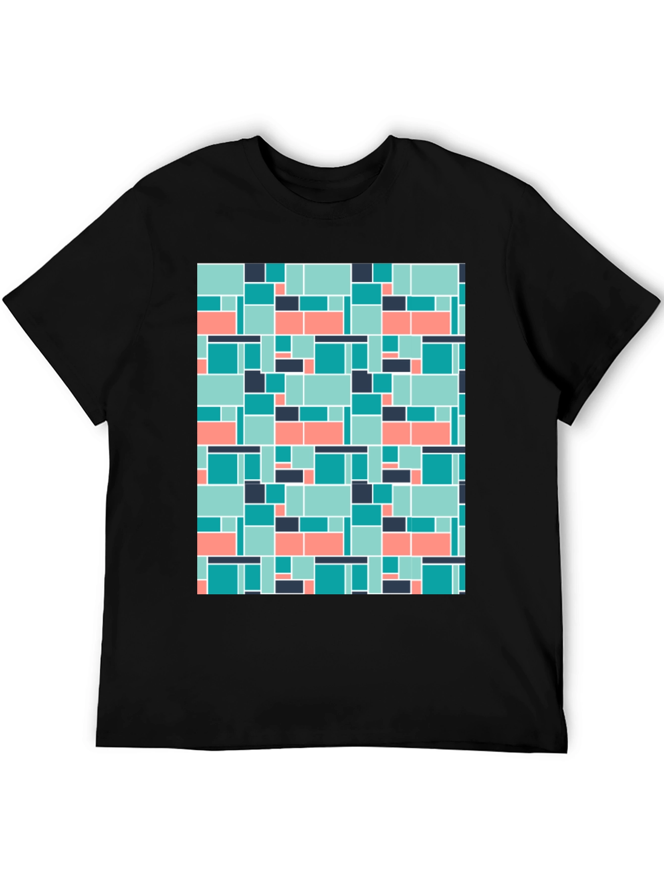 Geometric Block Pattern Mens Black Tee