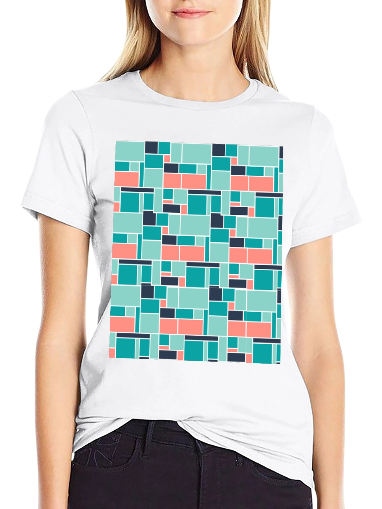 Geometric Block Pattern Mens Black Tee