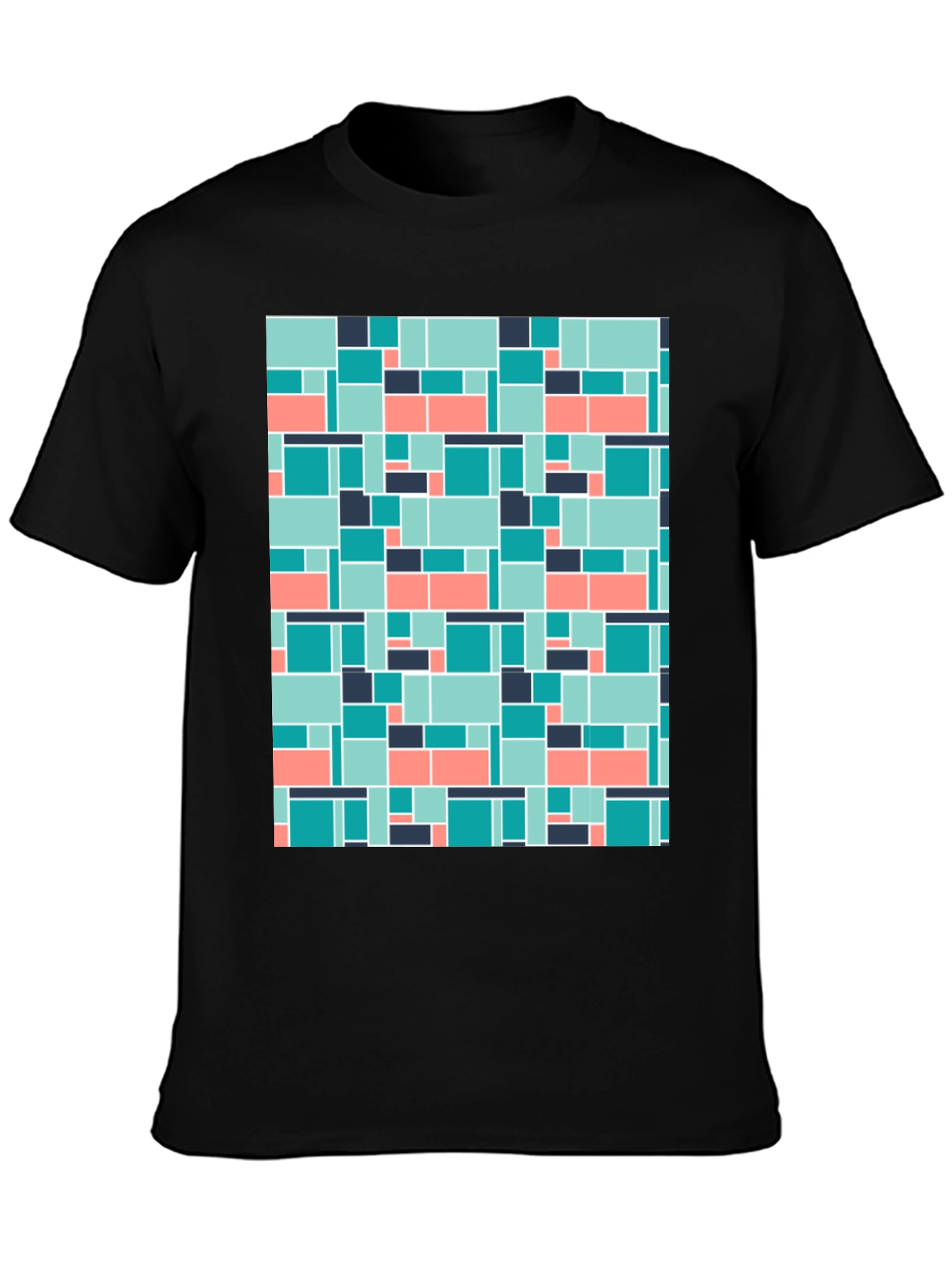 Geometric Block Pattern Mens Black Tee
