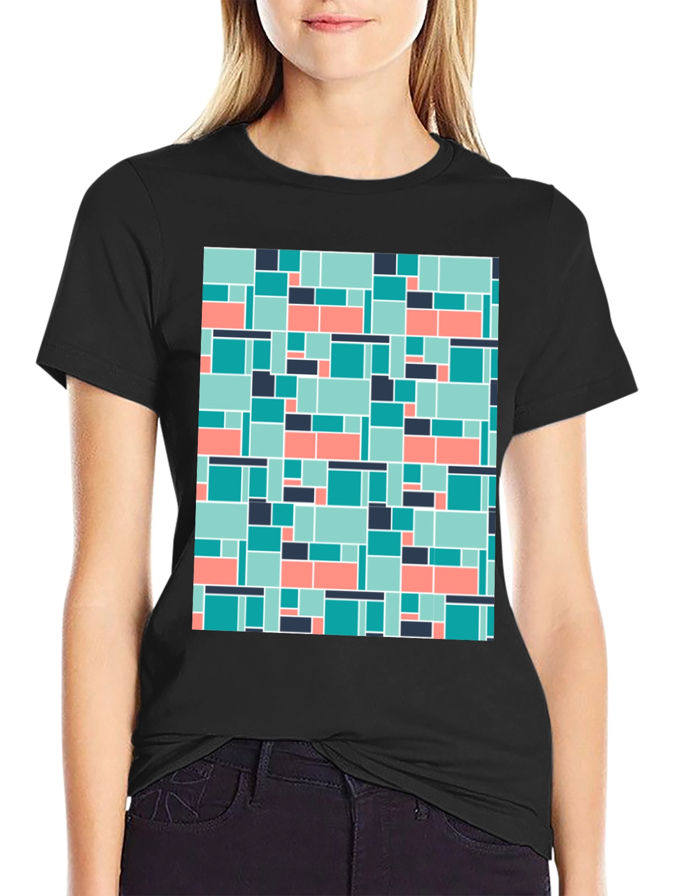 Geometric Block Pattern Mens Black Tee