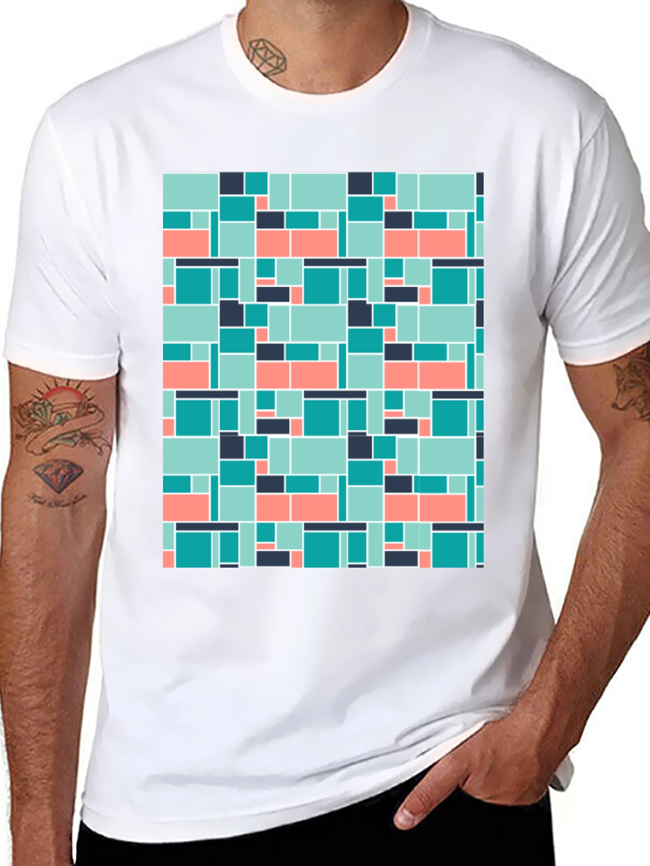Geometric Block Pattern Mens Black Tee