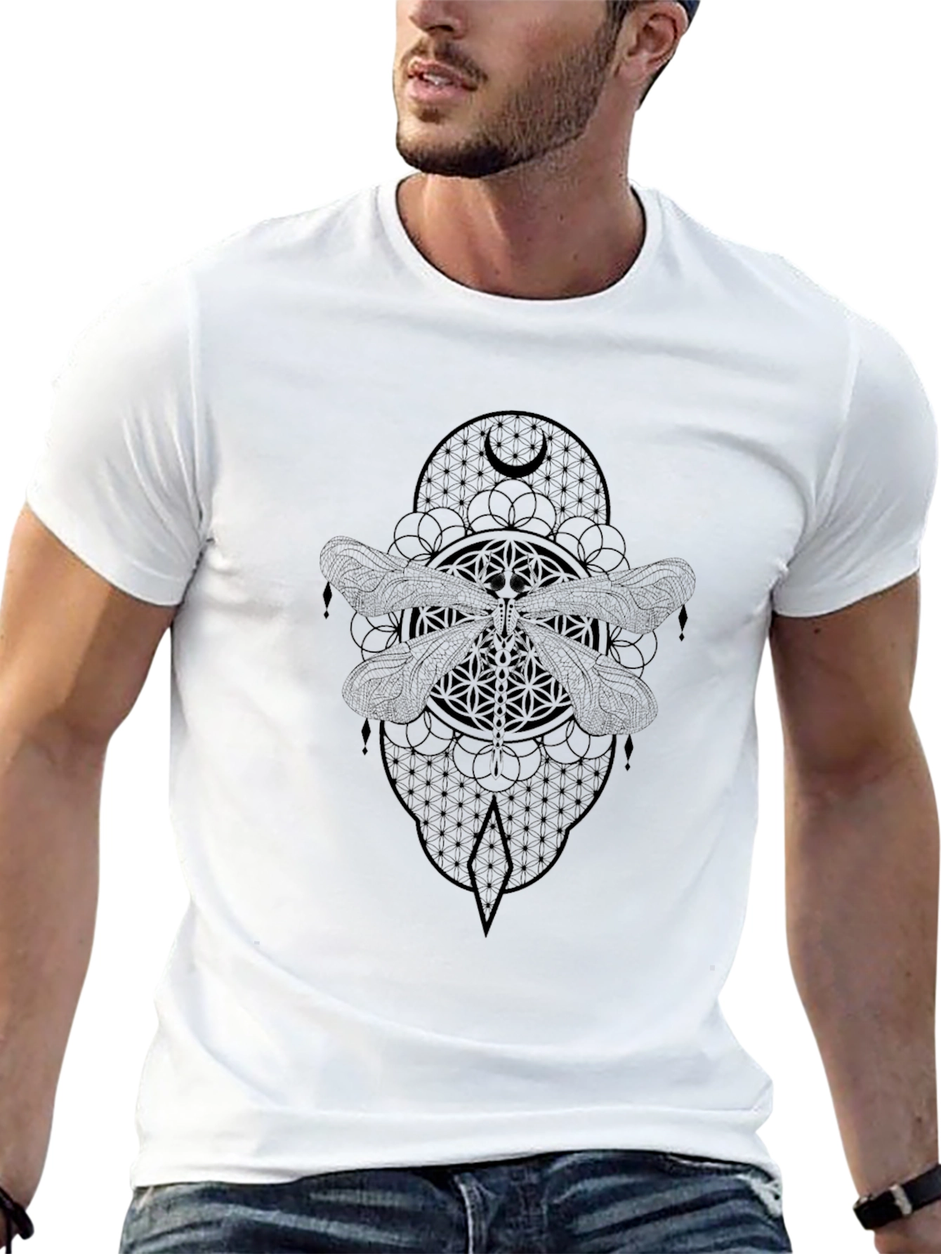 Geometric Dragonfly Graphic Tee - Black