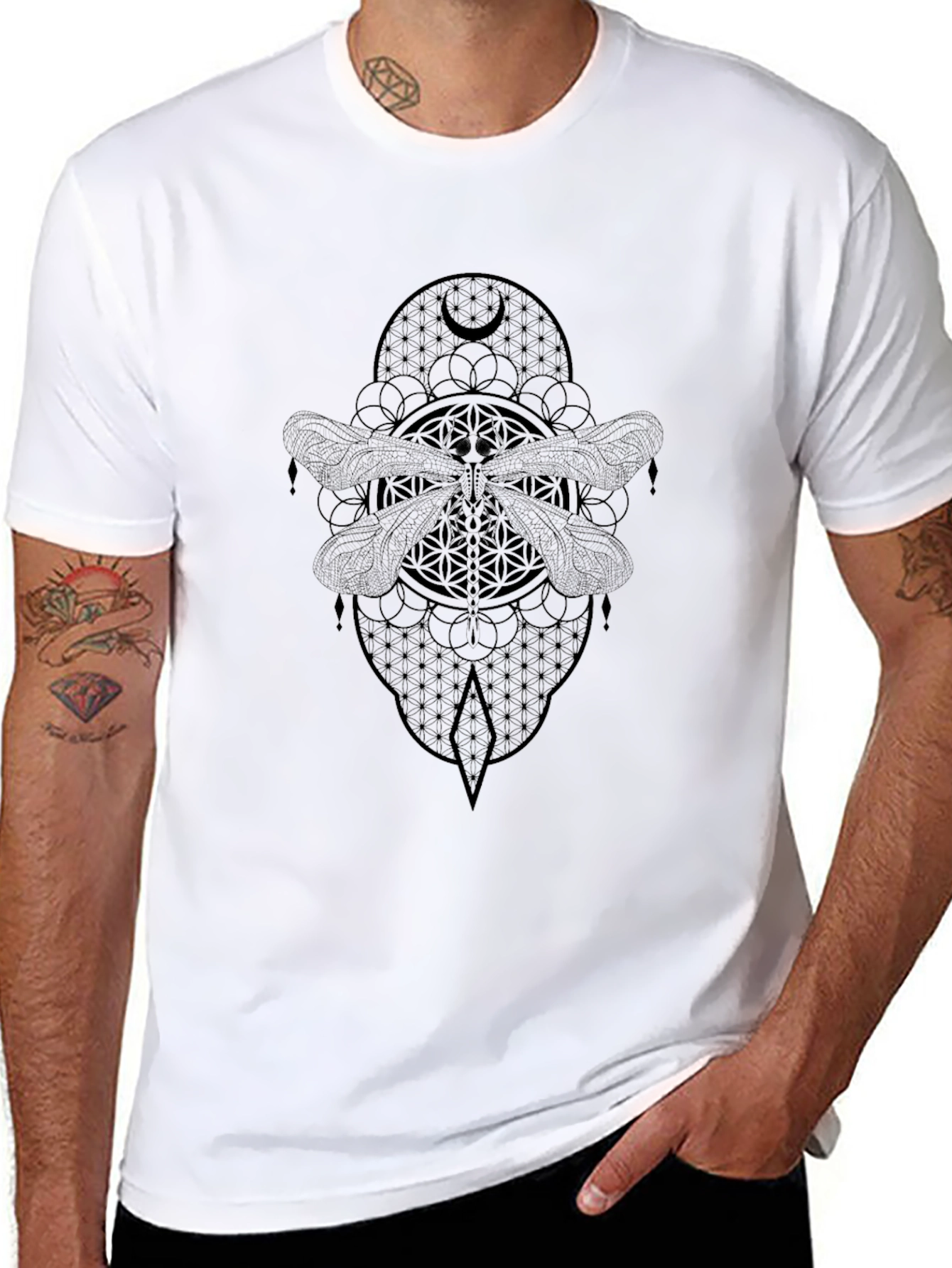 Geometric Dragonfly Graphic Tee - Black