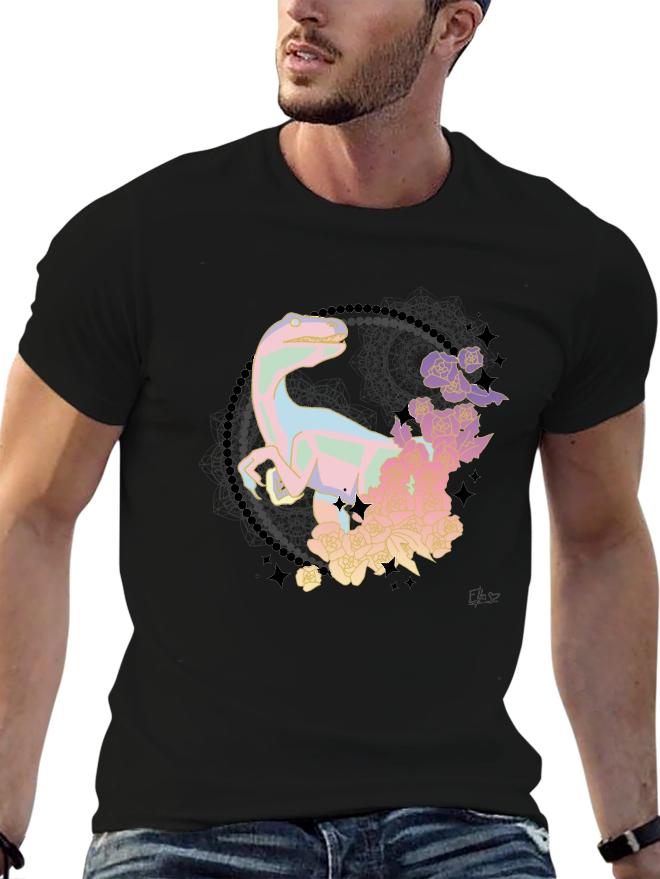 Floral Dinosaur Black T-Shirt