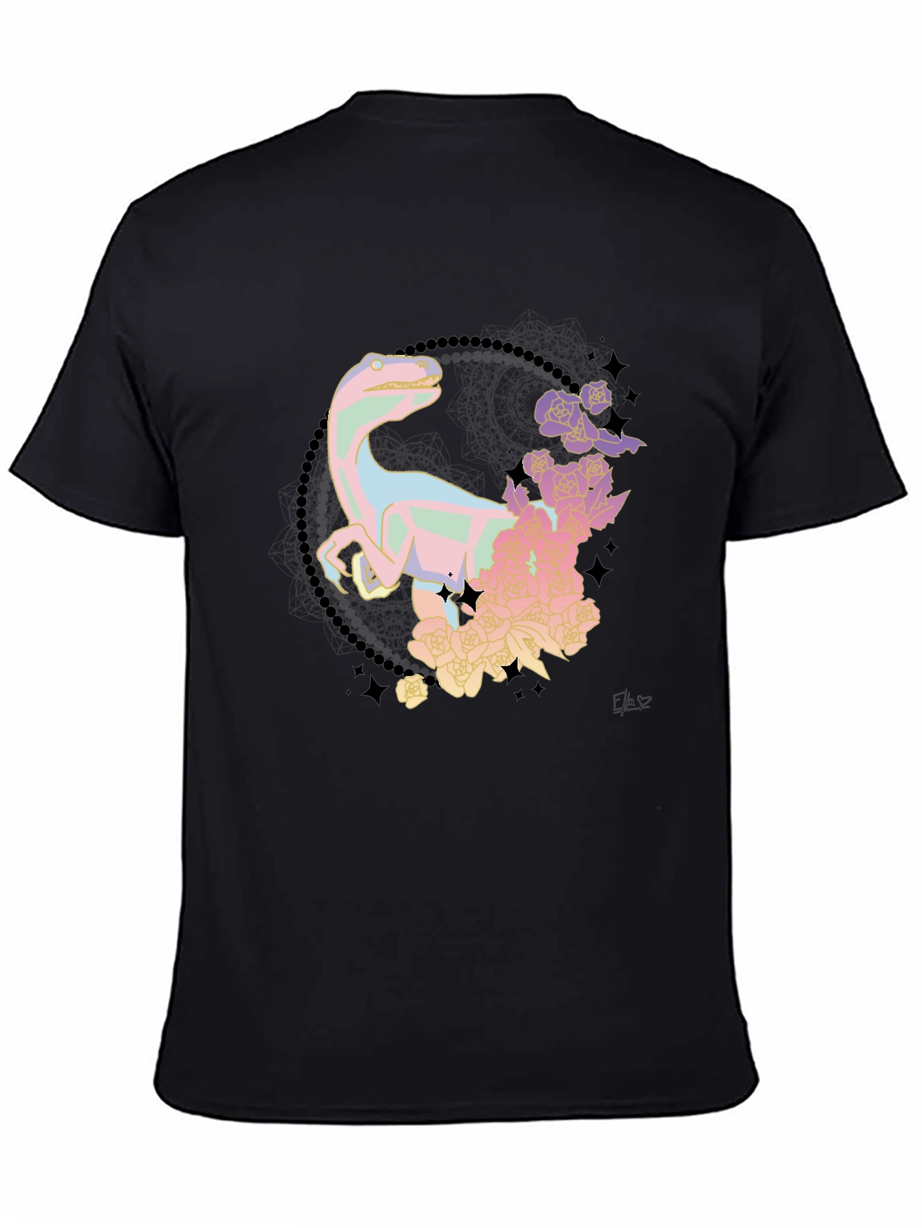 Floral Dinosaur Black T-Shirt
