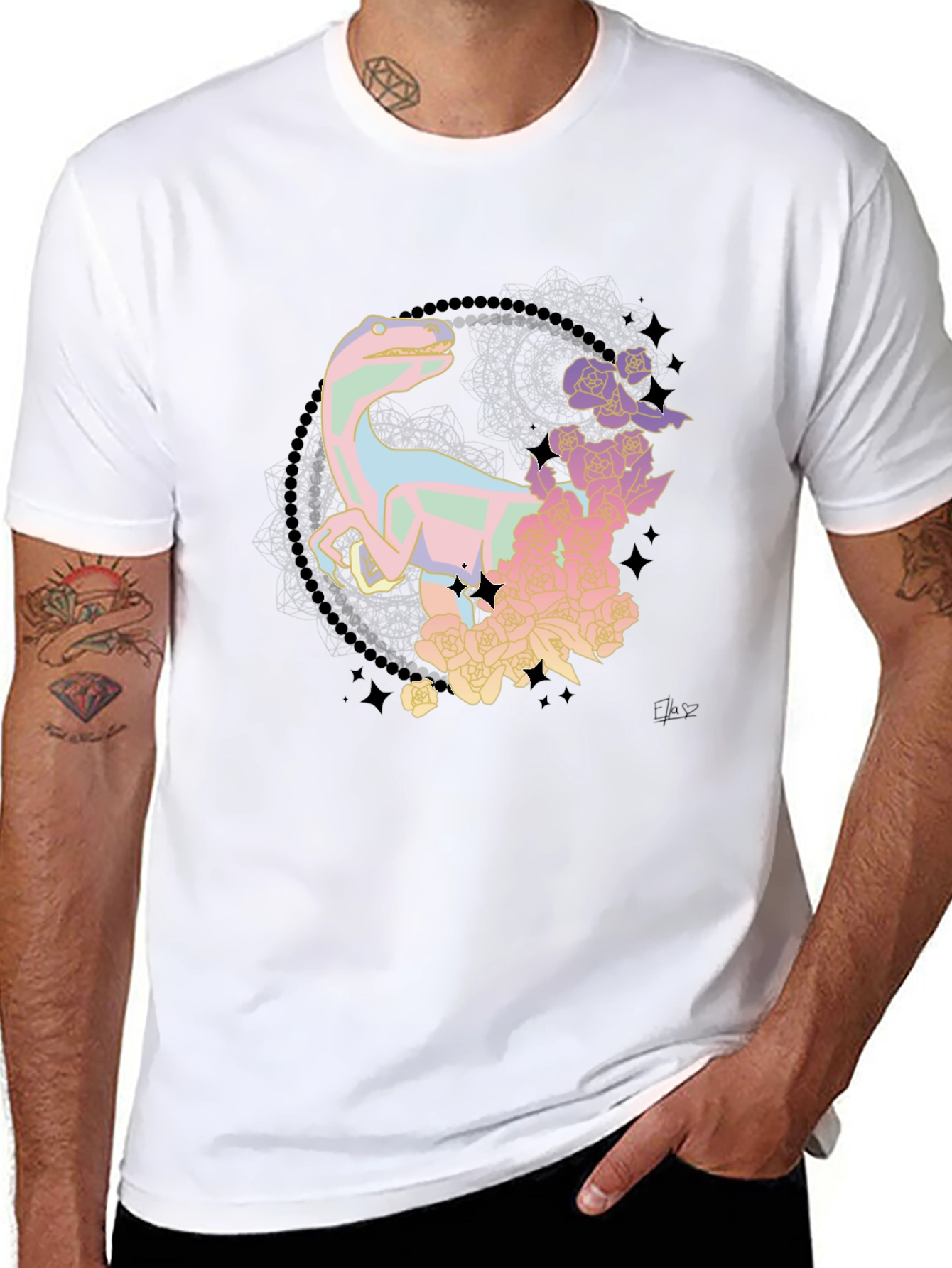 Floral Dinosaur Black T-Shirt