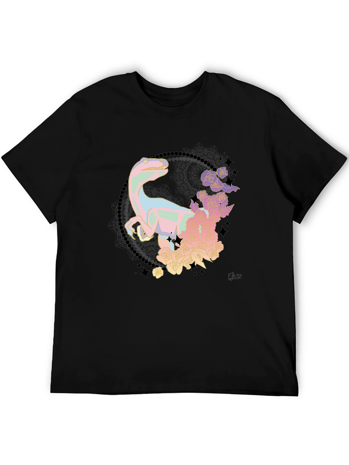 Floral Dinosaur Black T-Shirt