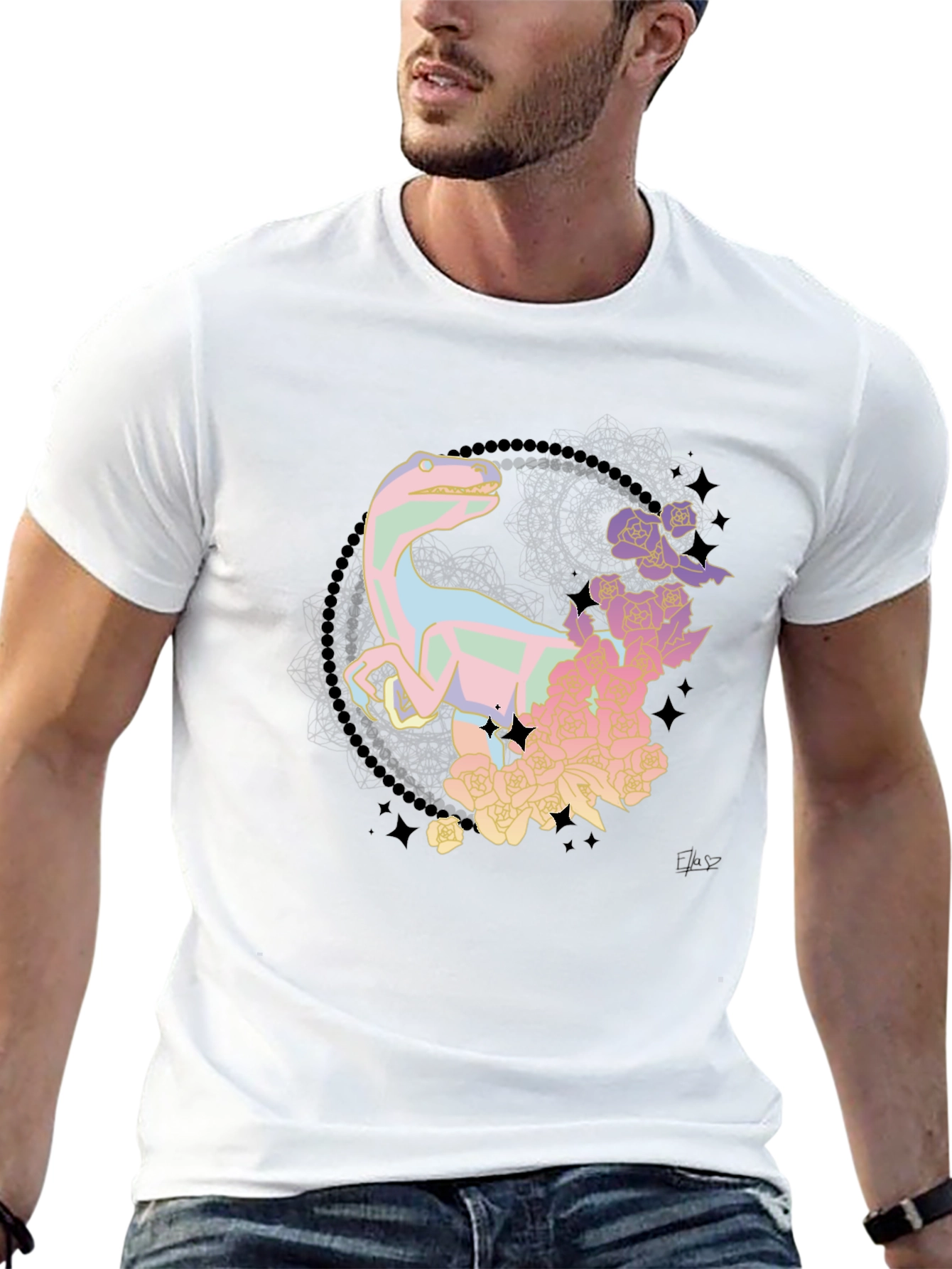Floral Dinosaur Black T-Shirt