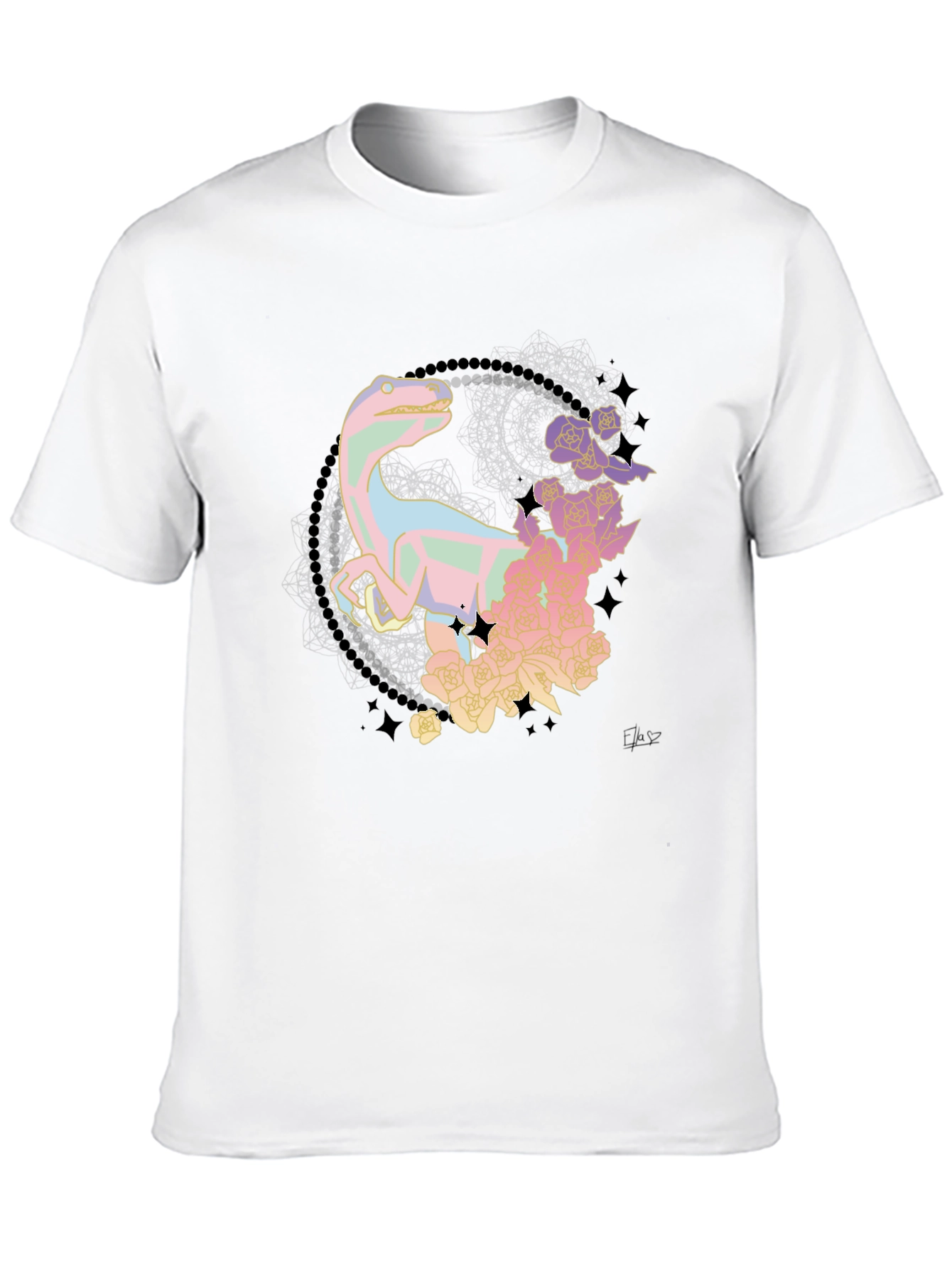 Floral Dinosaur Black T-Shirt