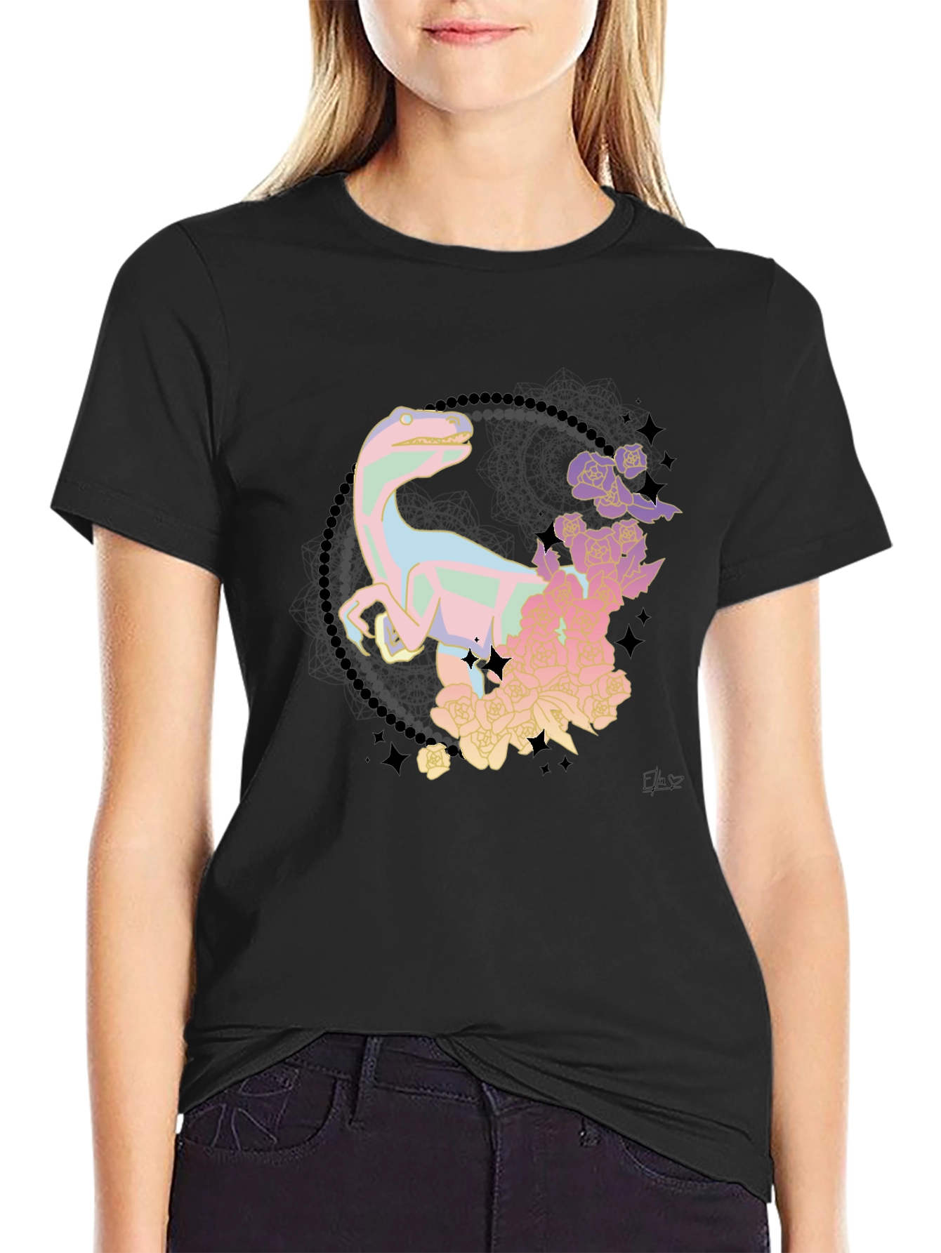 Floral Dinosaur Black T-Shirt