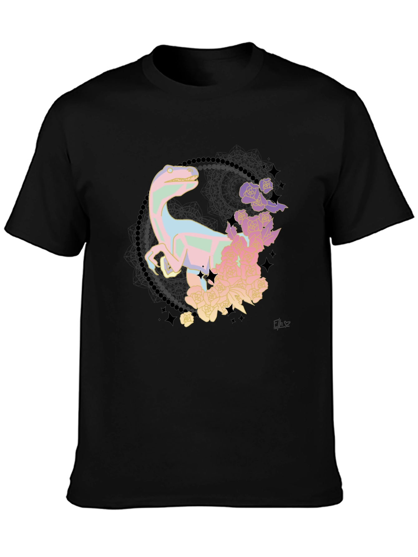 Floral Dinosaur Black T-Shirt