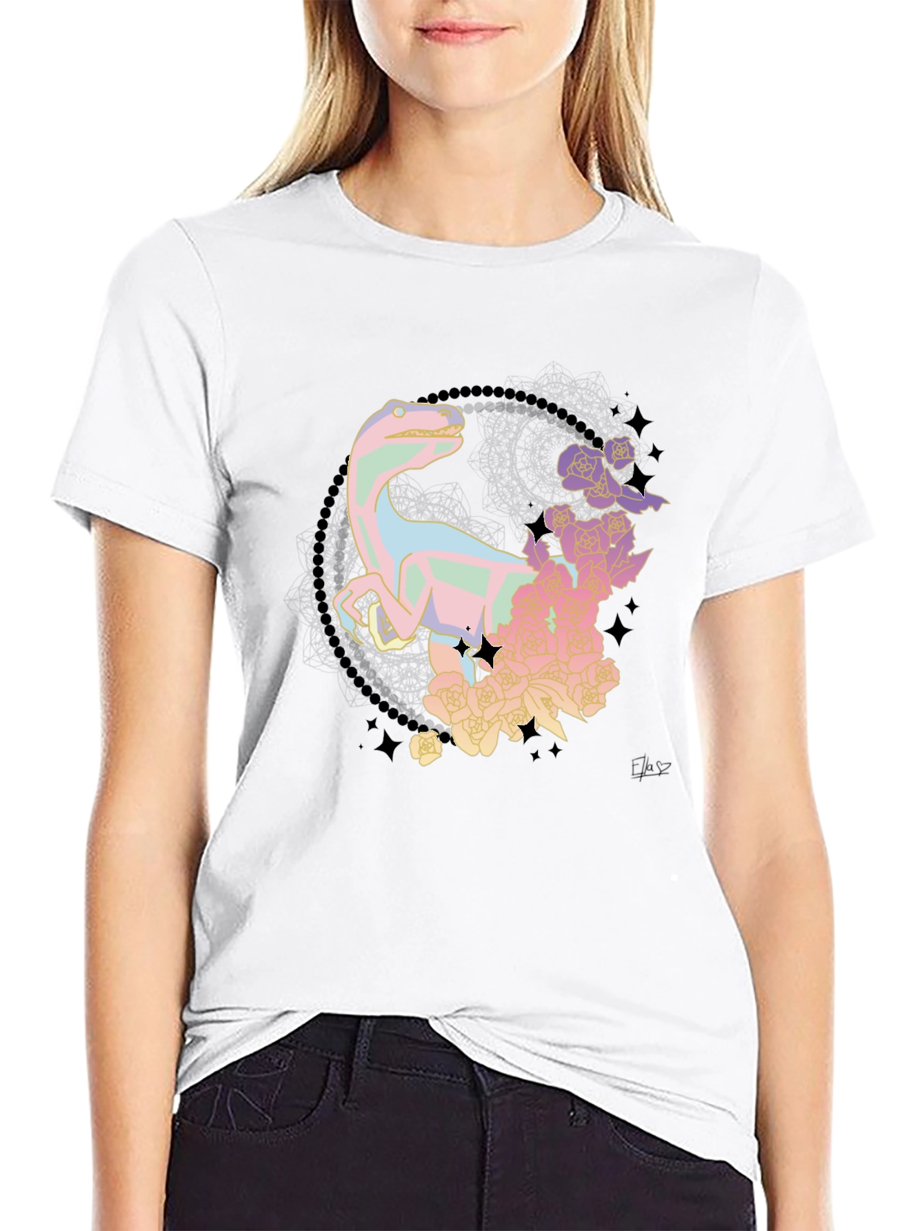 Floral Dinosaur Black T-Shirt