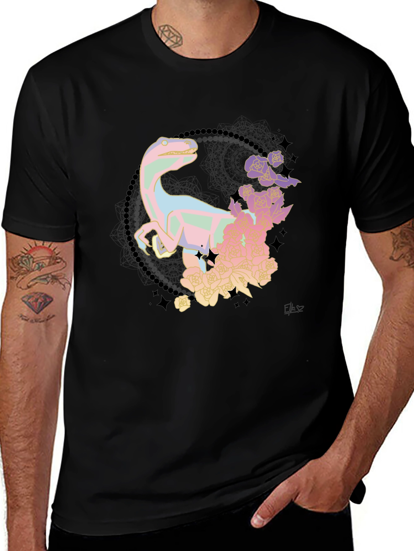 Floral Dinosaur Black T-Shirt