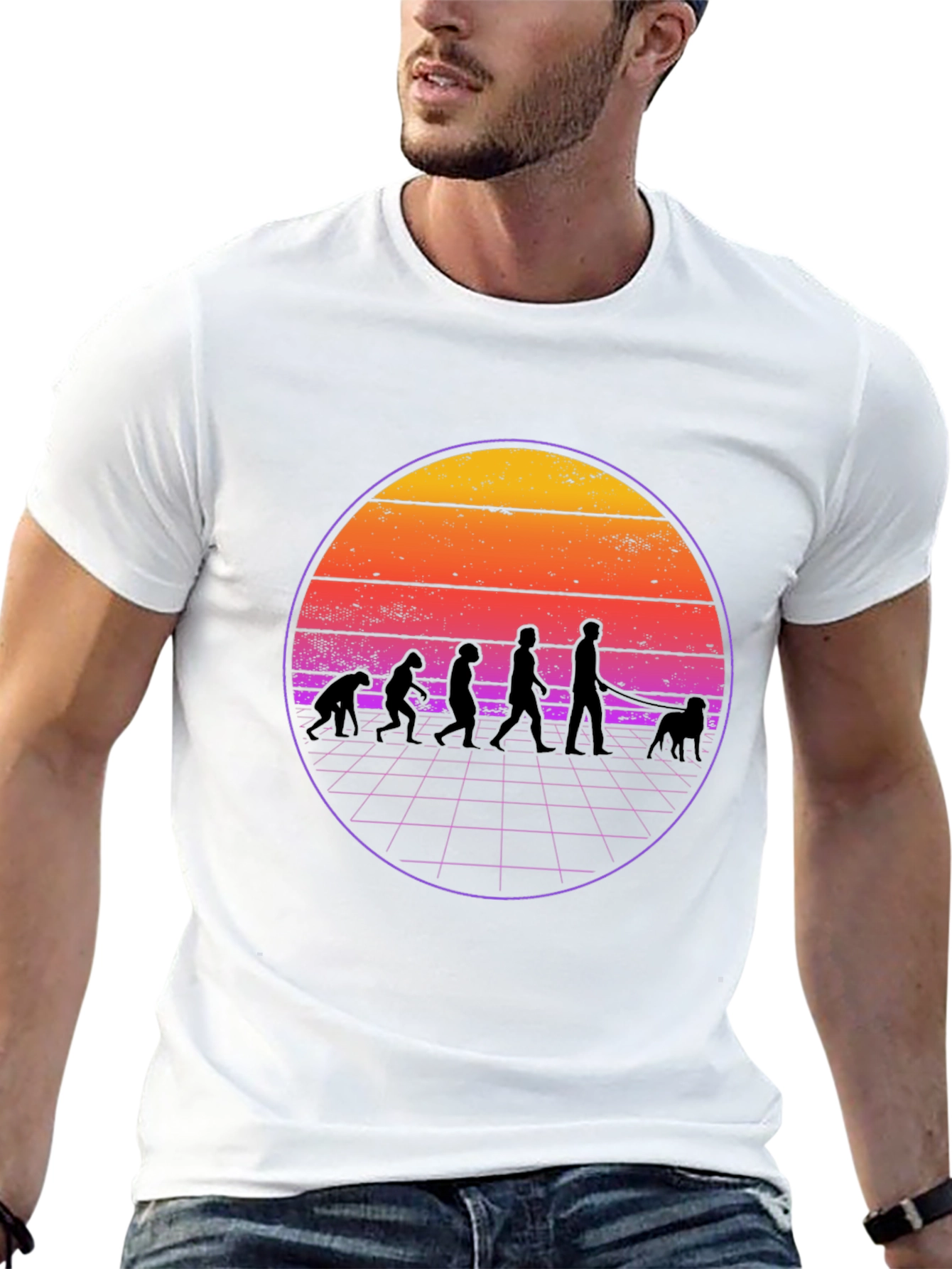 Evolution Dog Walker T-Shirt - Retro Sunset Style