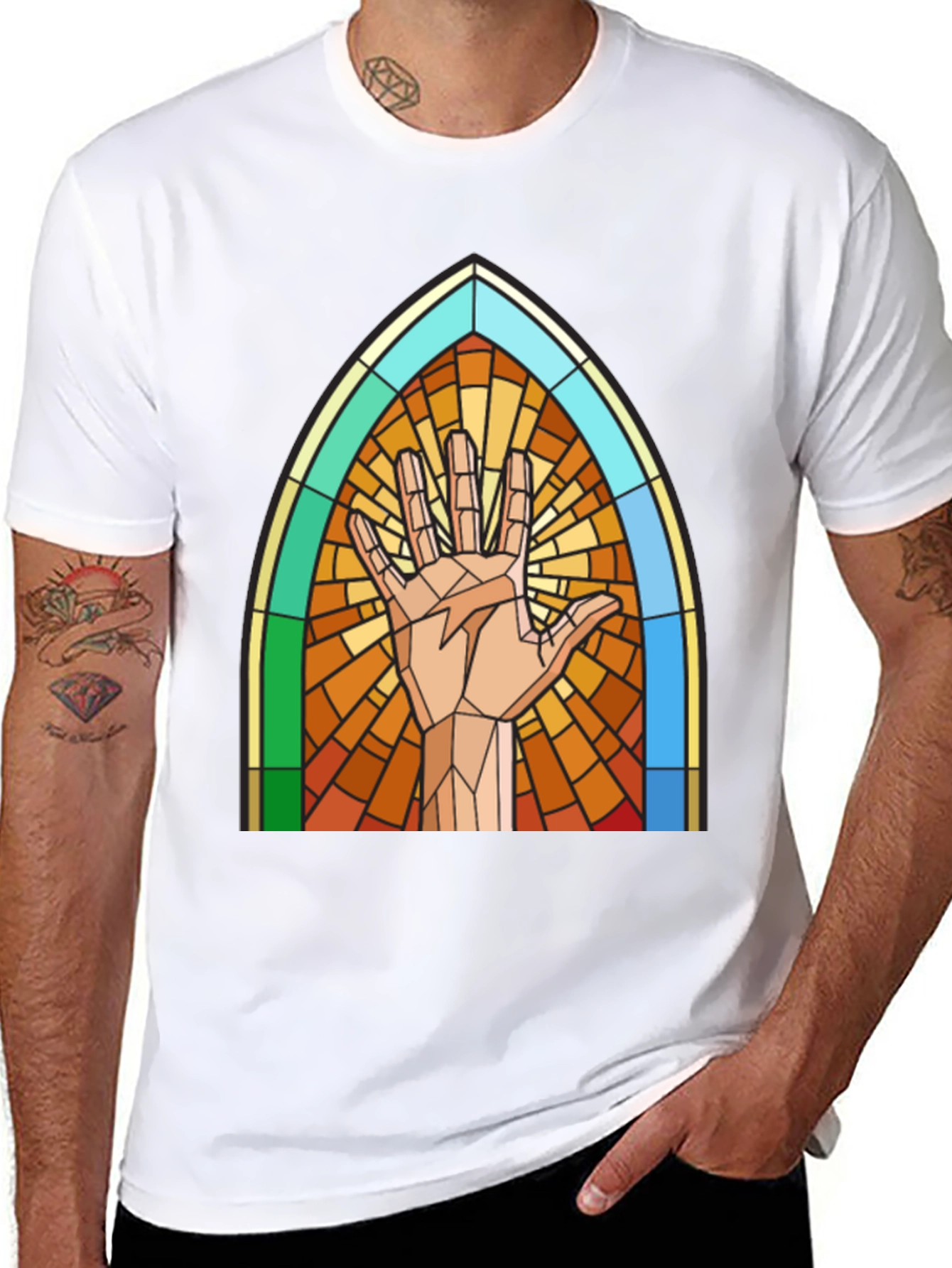 Stained Glass Hand Graphic Tee - Unique Design