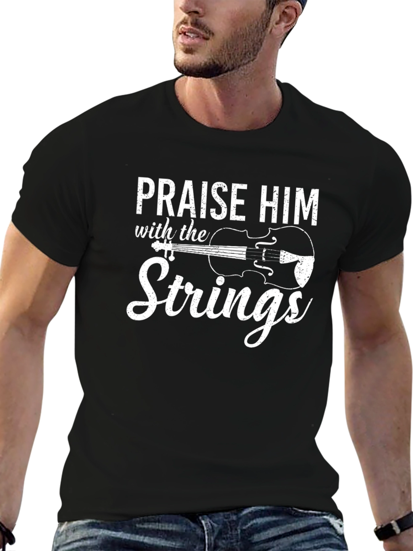 Praise Him Strings Graphic Tee - Black Cotton T-Shirt