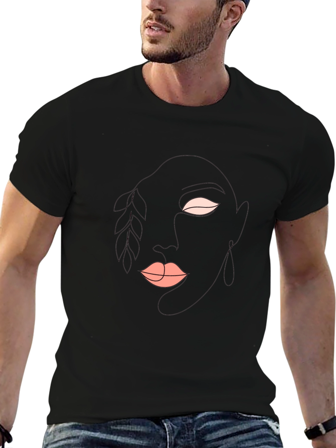 Abstract Face Line Art Black T-Shirt