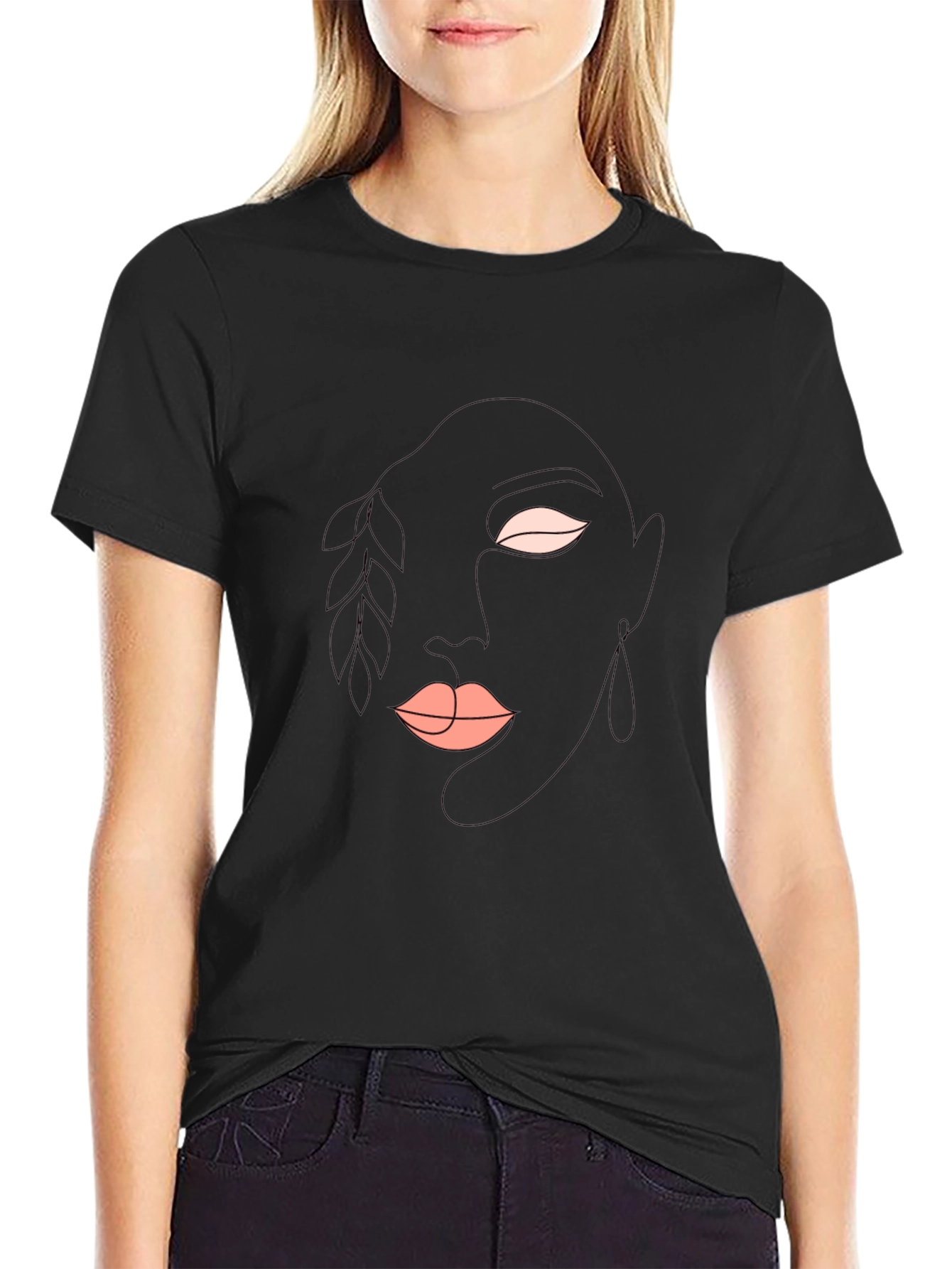 Abstract Face Line Art Black T-Shirt