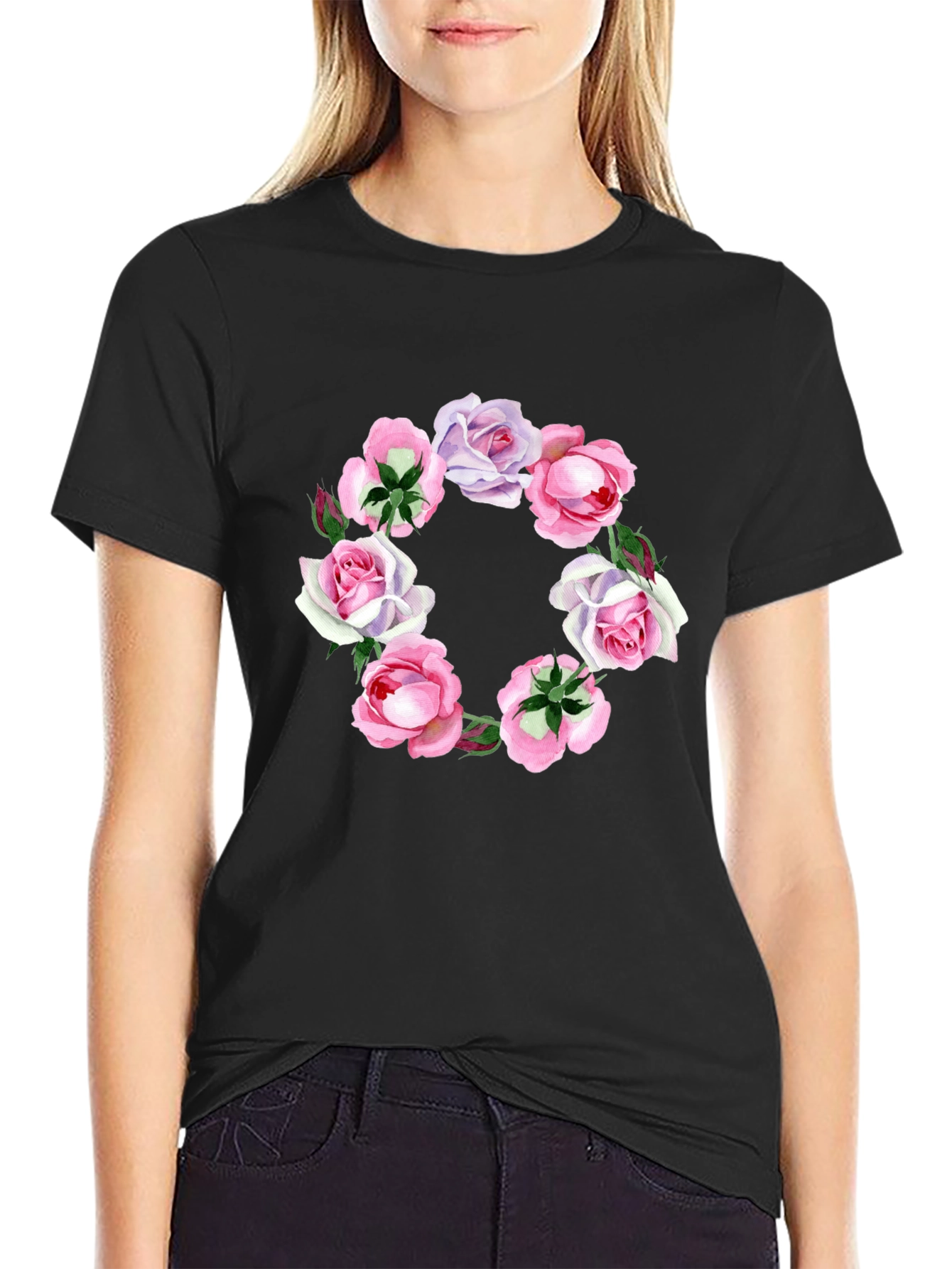 Floral Wreath Graphic Tee - Stylish Black T-Shirt