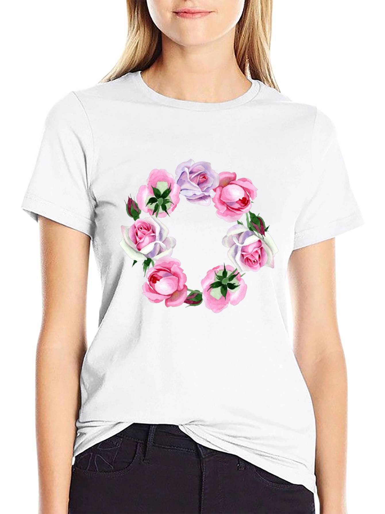 Floral Wreath Graphic Tee - Stylish Black T-Shirt