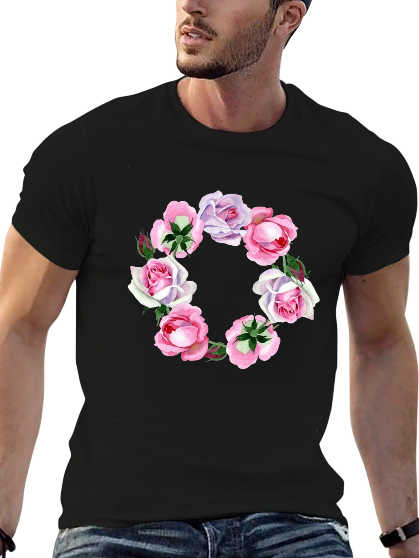 Floral Wreath Graphic Tee - Stylish Black T-Shirt