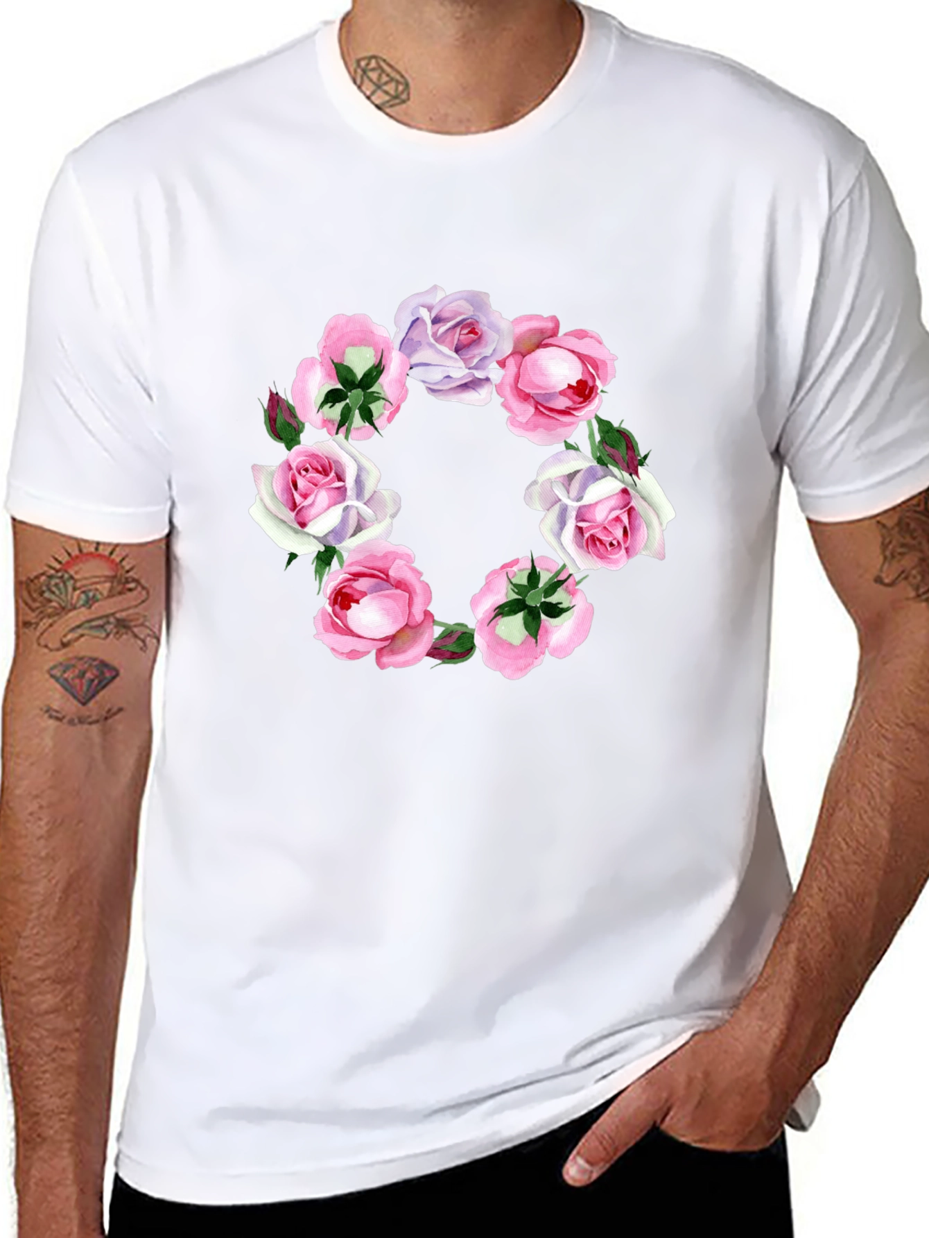 Floral Wreath Graphic Tee - Stylish Black T-Shirt