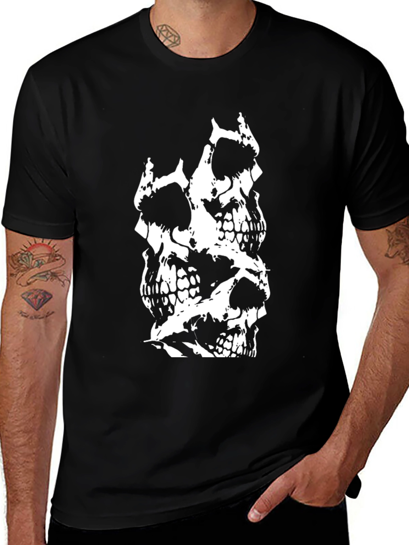 Skull Stack Graphic Tee - Black Cotton T-Shirt