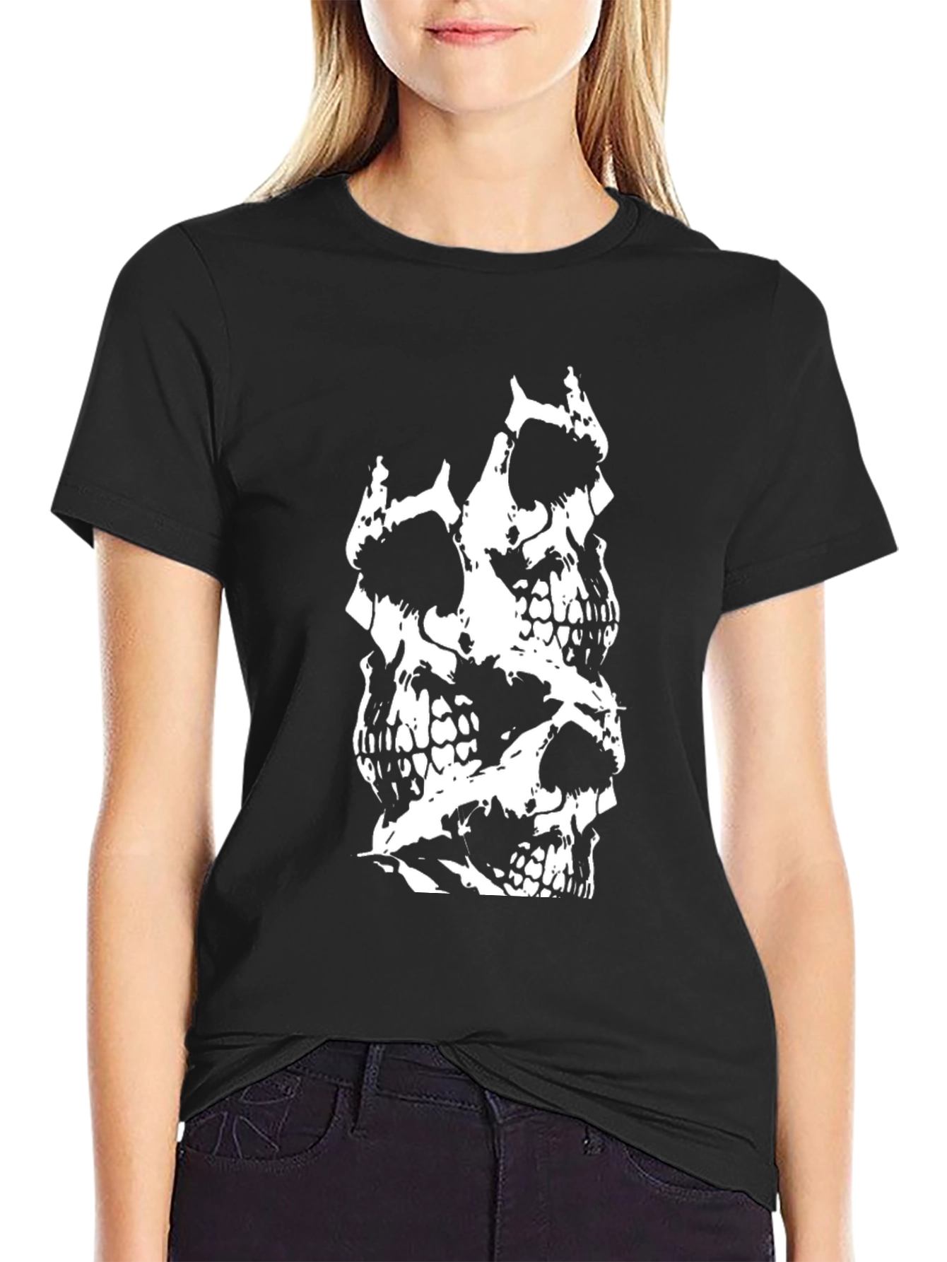 Skull Stack Graphic Tee - Black Cotton T-Shirt
