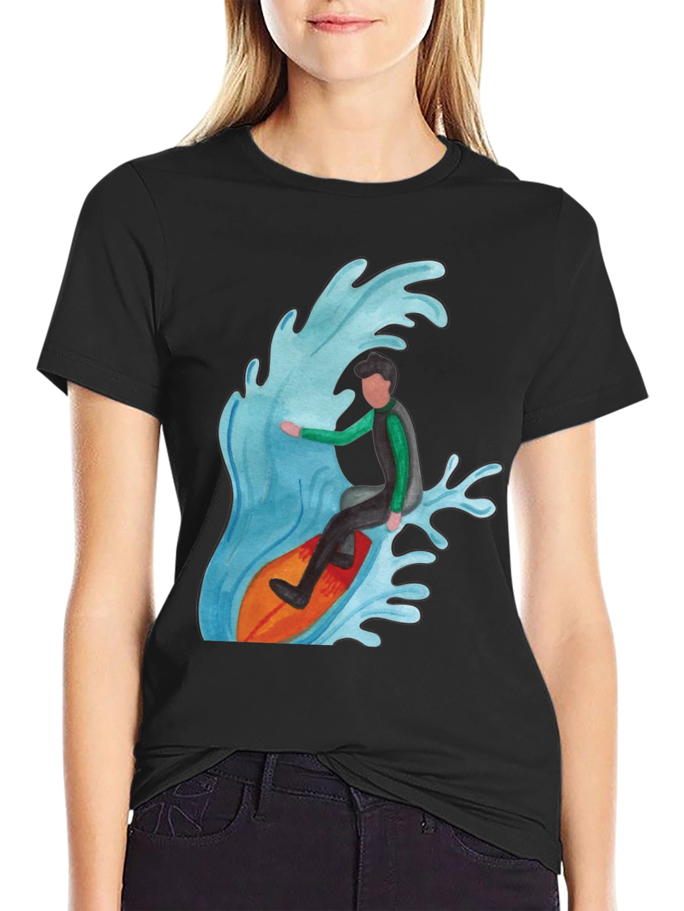 Surfer Wave Graphic Tee - Black Cotton Blend