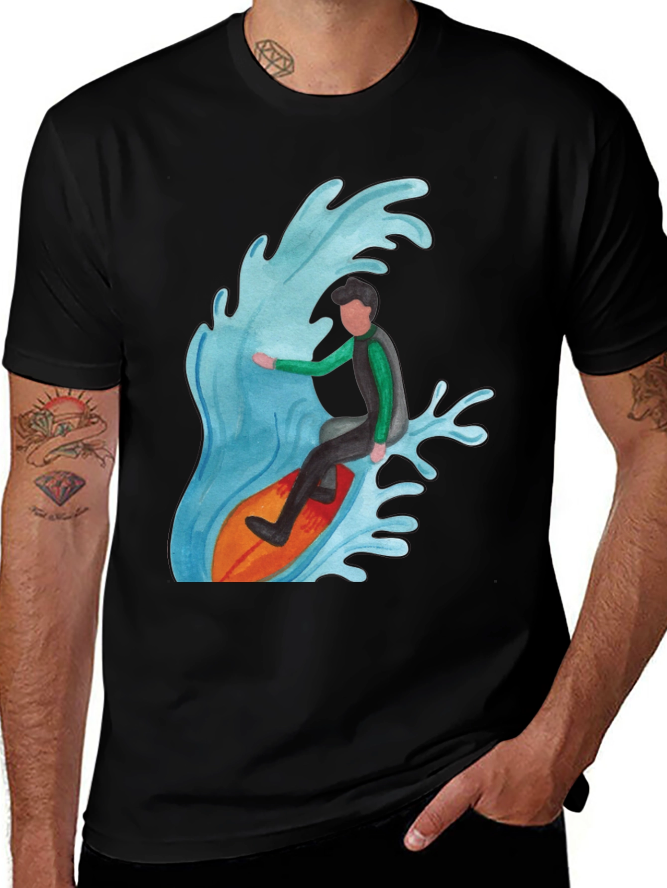 Surfer Wave Graphic Tee - Black Cotton Blend