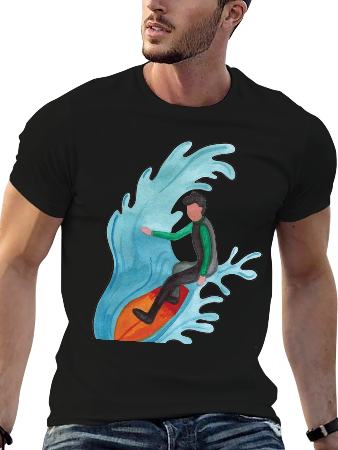 Surfer Wave Graphic Tee - Black Cotton Blend