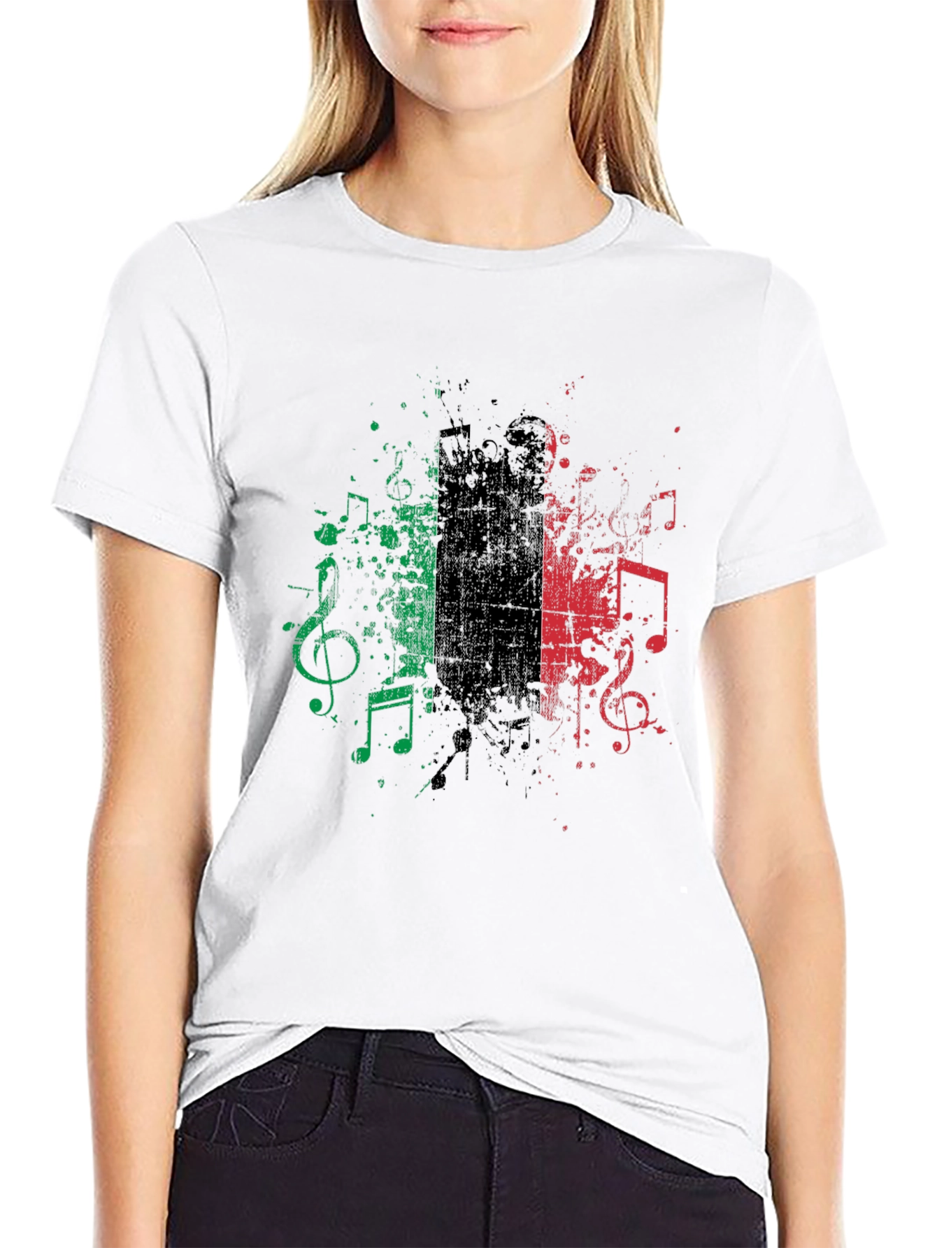 Musical Italy Flag Graphic Tee - Black Cotton Blend