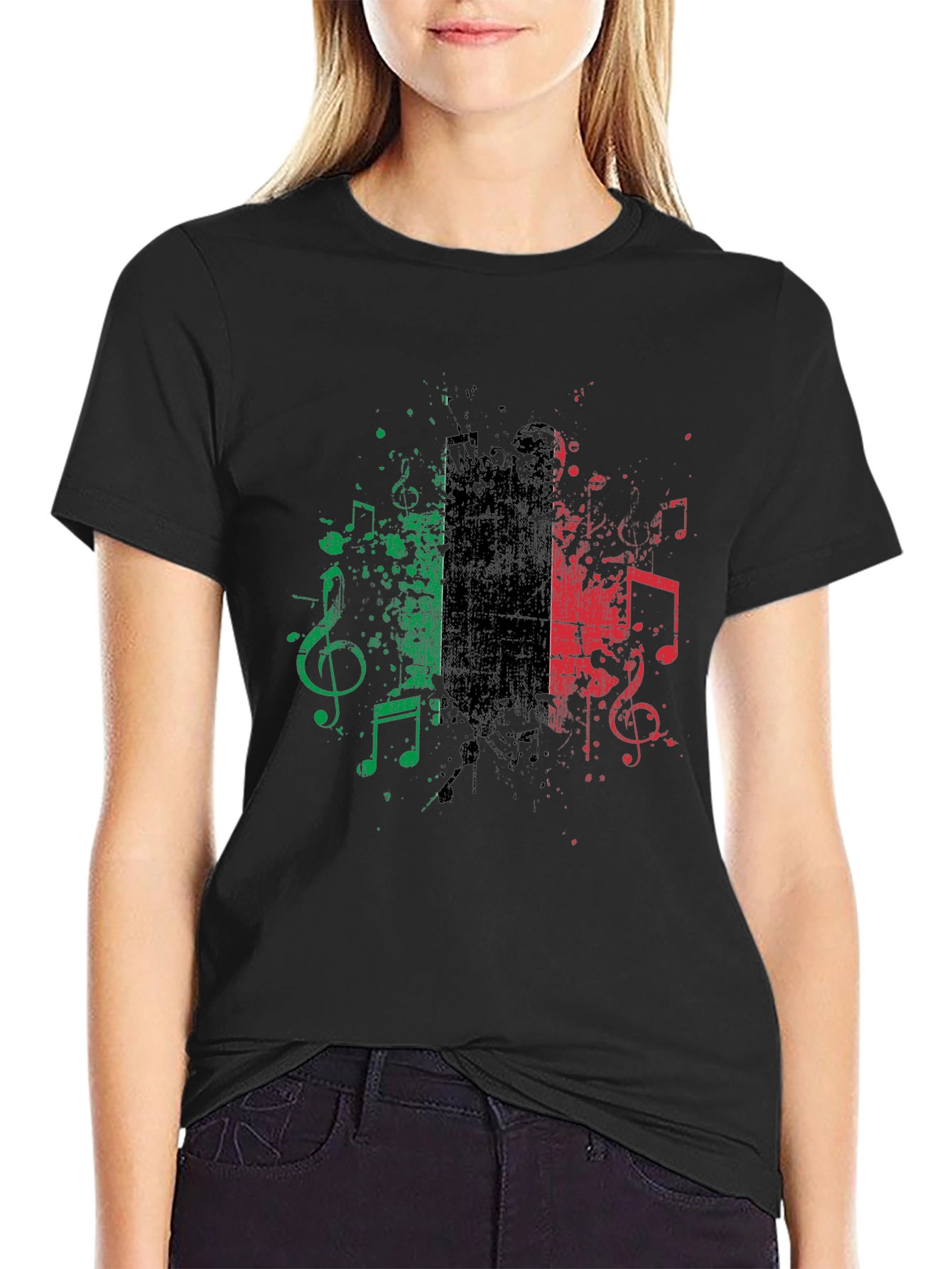 Musical Italy Flag Graphic Tee - Black Cotton Blend