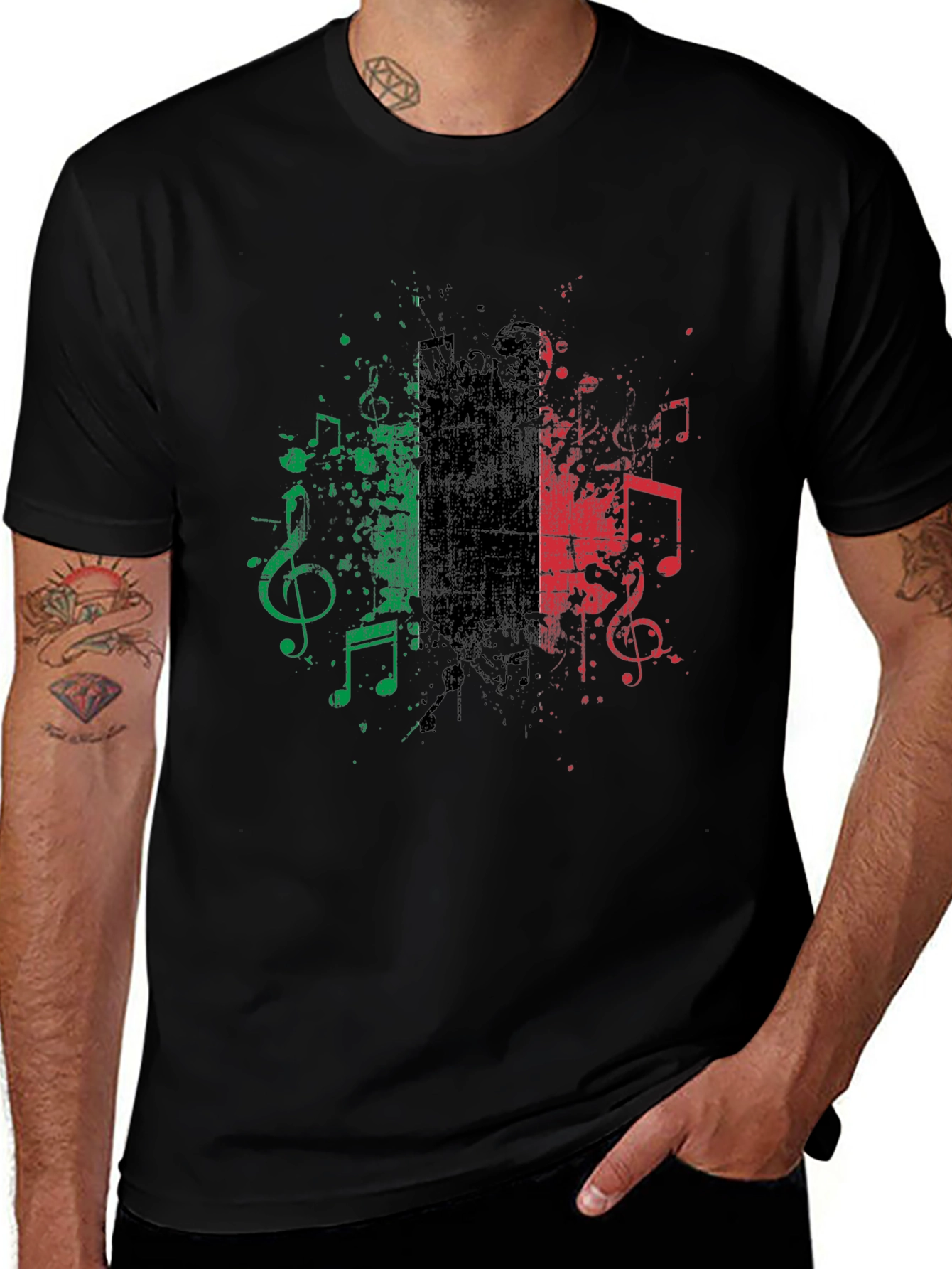 Musical Italy Flag Graphic Tee - Black Cotton Blend