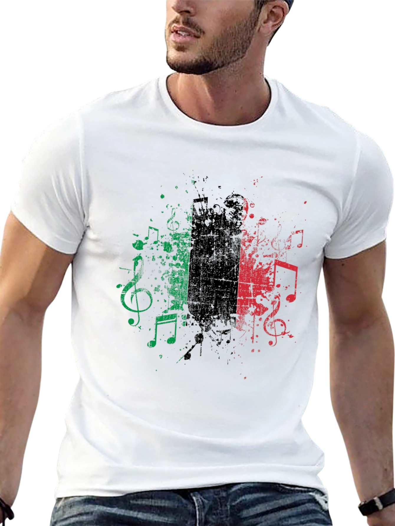 Musical Italy Flag Graphic Tee - Black Cotton Blend