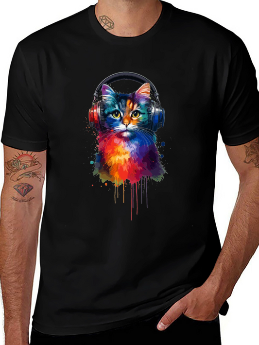 Colorful Cat Headphones Graphic T-Shirt