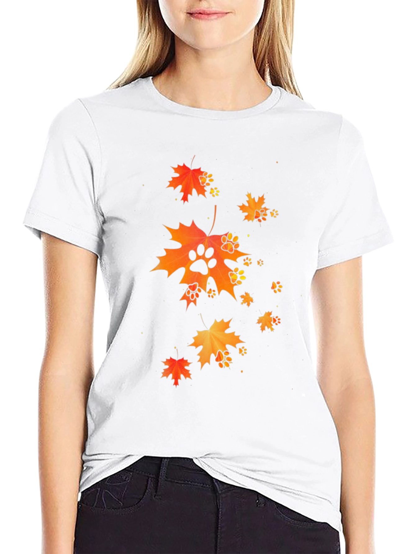Autumn Leaves & Paw Prints Black T-Shirt