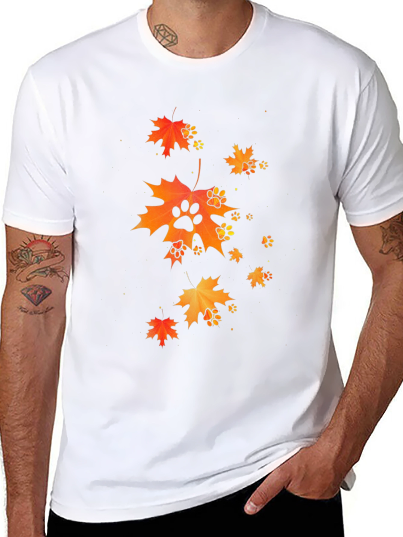 Autumn Leaves & Paw Prints Black T-Shirt