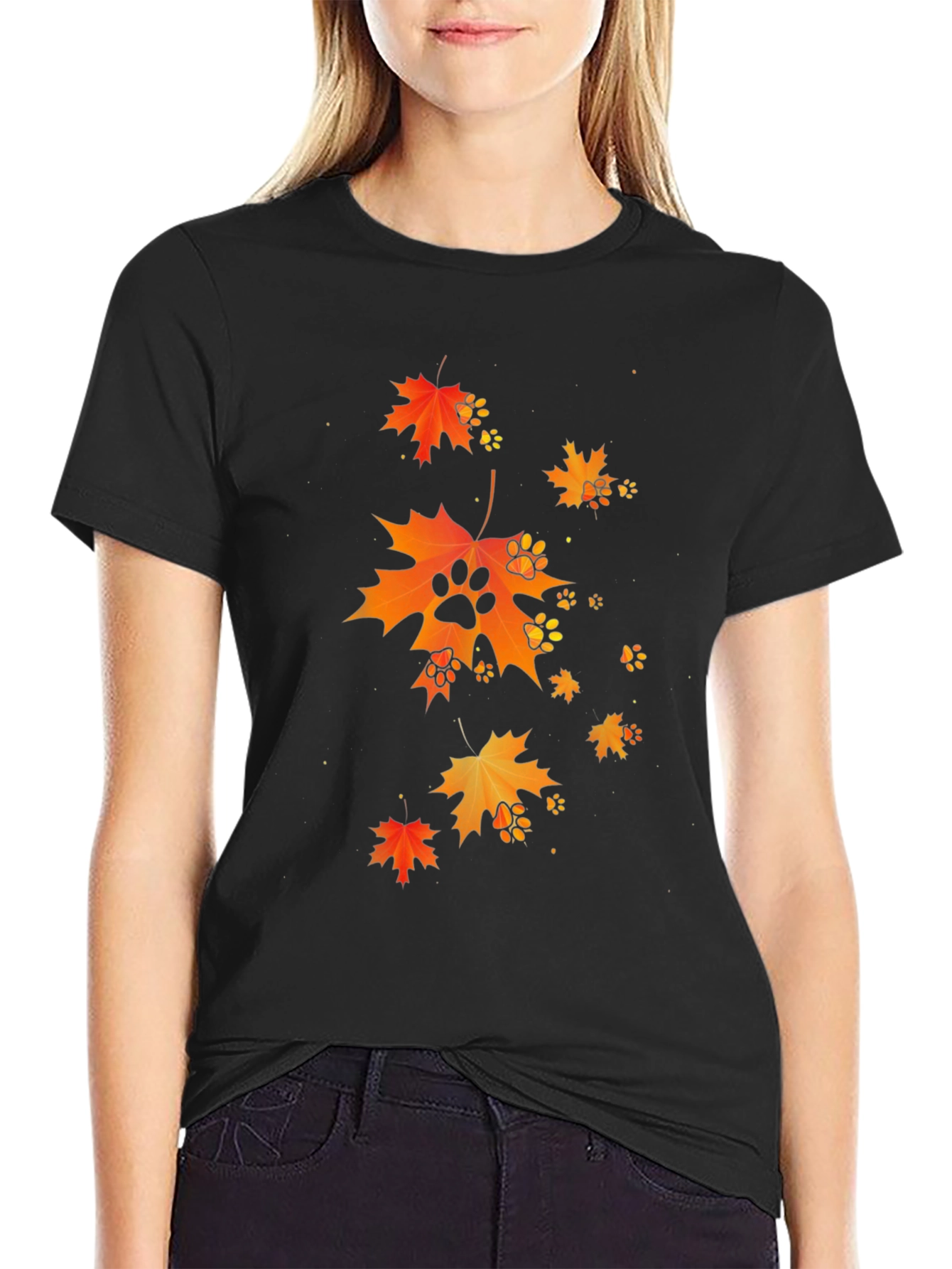 Autumn Leaves & Paw Prints Black T-Shirt