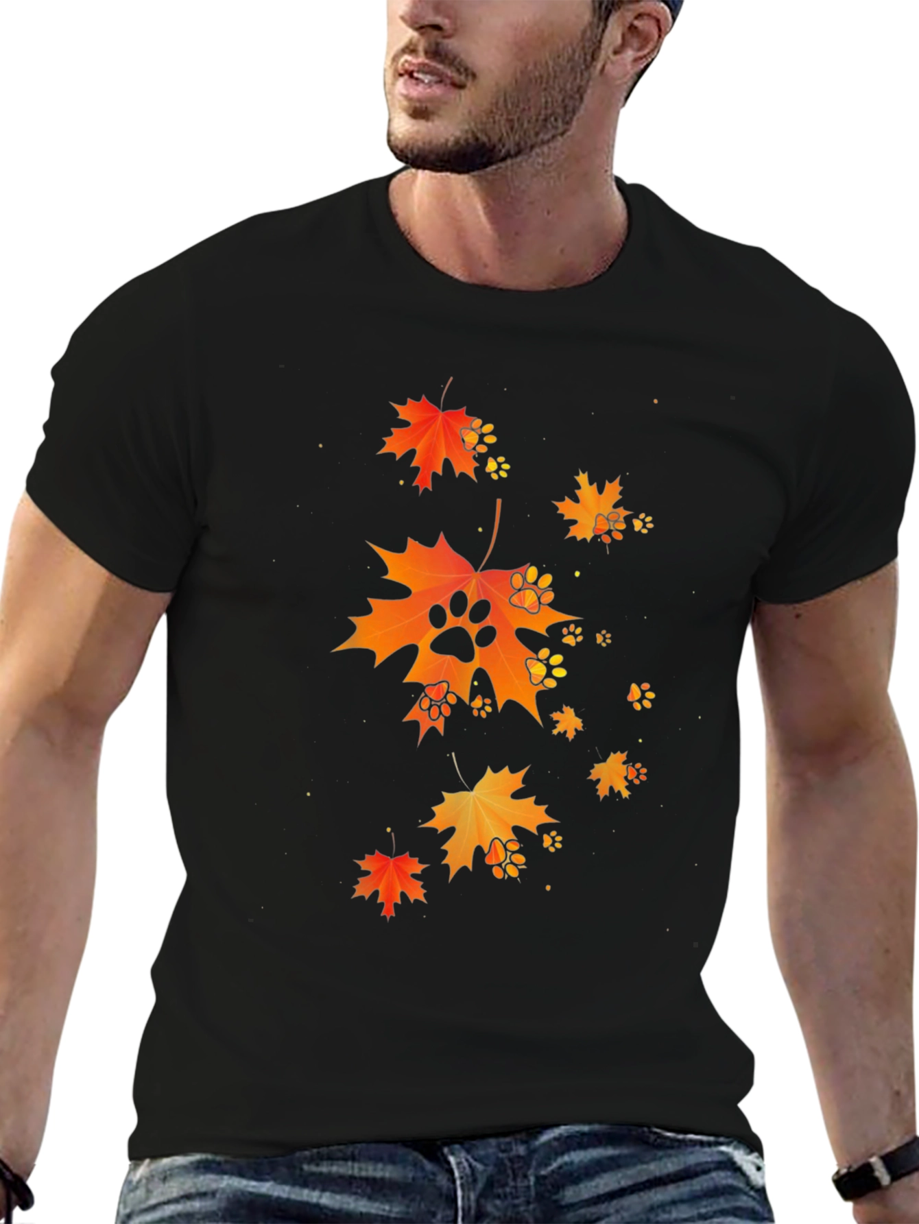 Autumn Leaves & Paw Prints Black T-Shirt