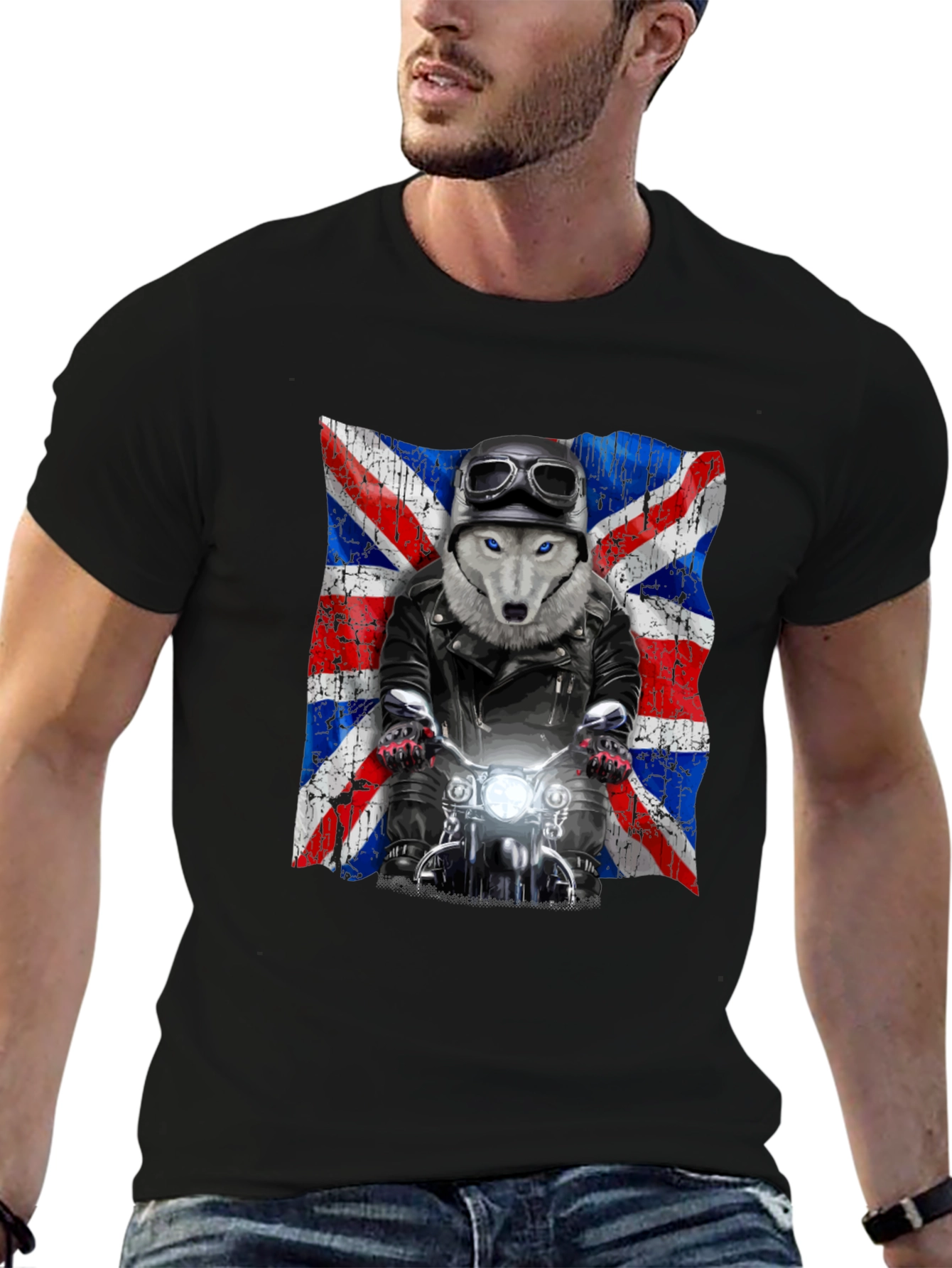 Wolf Rider T-Shirt - UK Flag Motorcycle Design