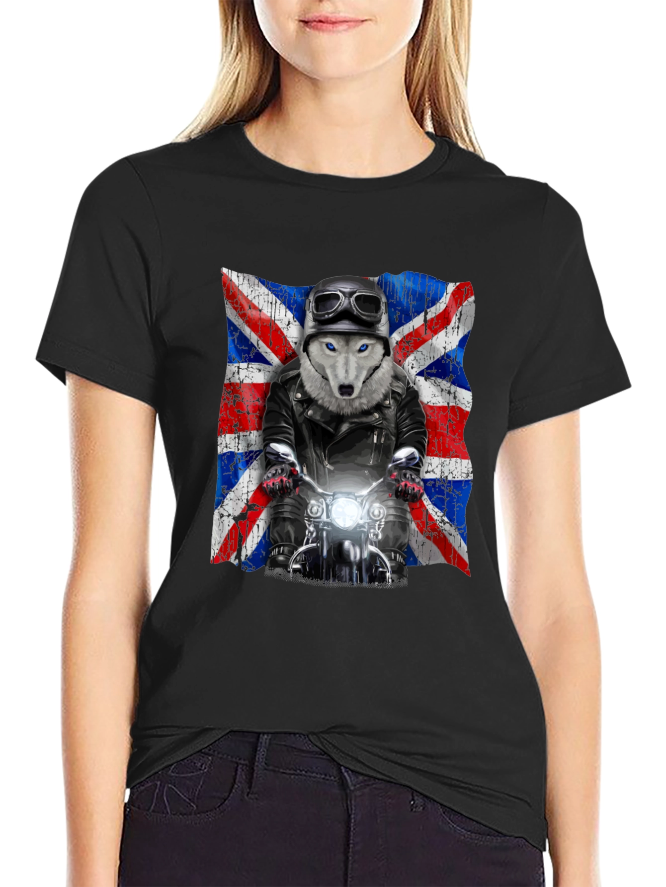 Wolf Rider T-Shirt - UK Flag Motorcycle Design