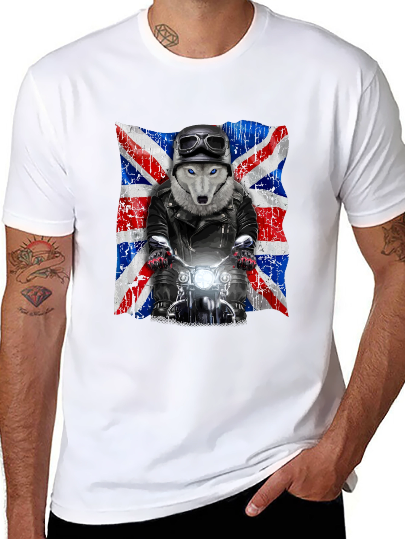 Wolf Rider T-Shirt - UK Flag Motorcycle Design