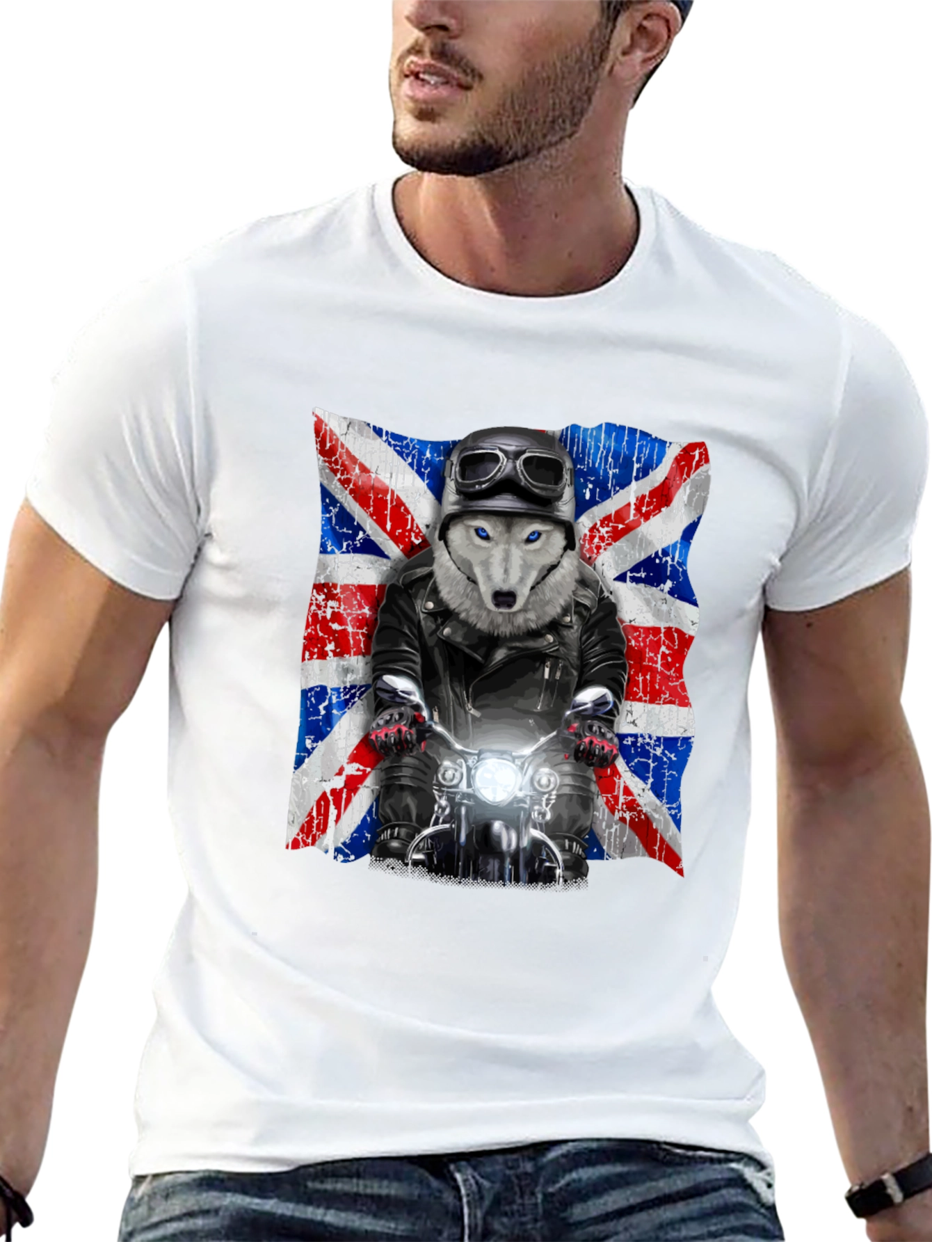Wolf Rider T-Shirt - UK Flag Motorcycle Design