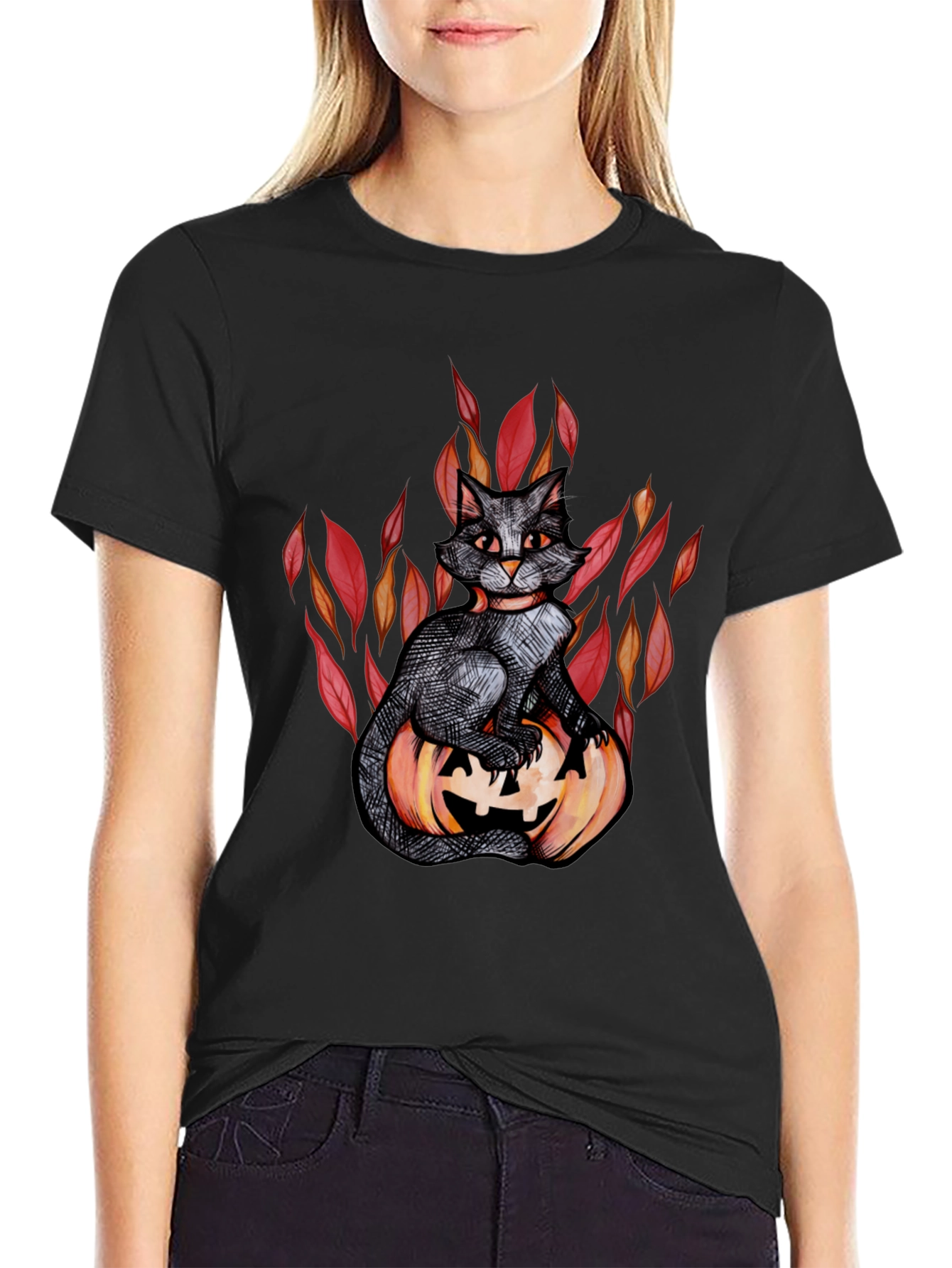 Halloween Black Cat Pumpkin Graphic Tee