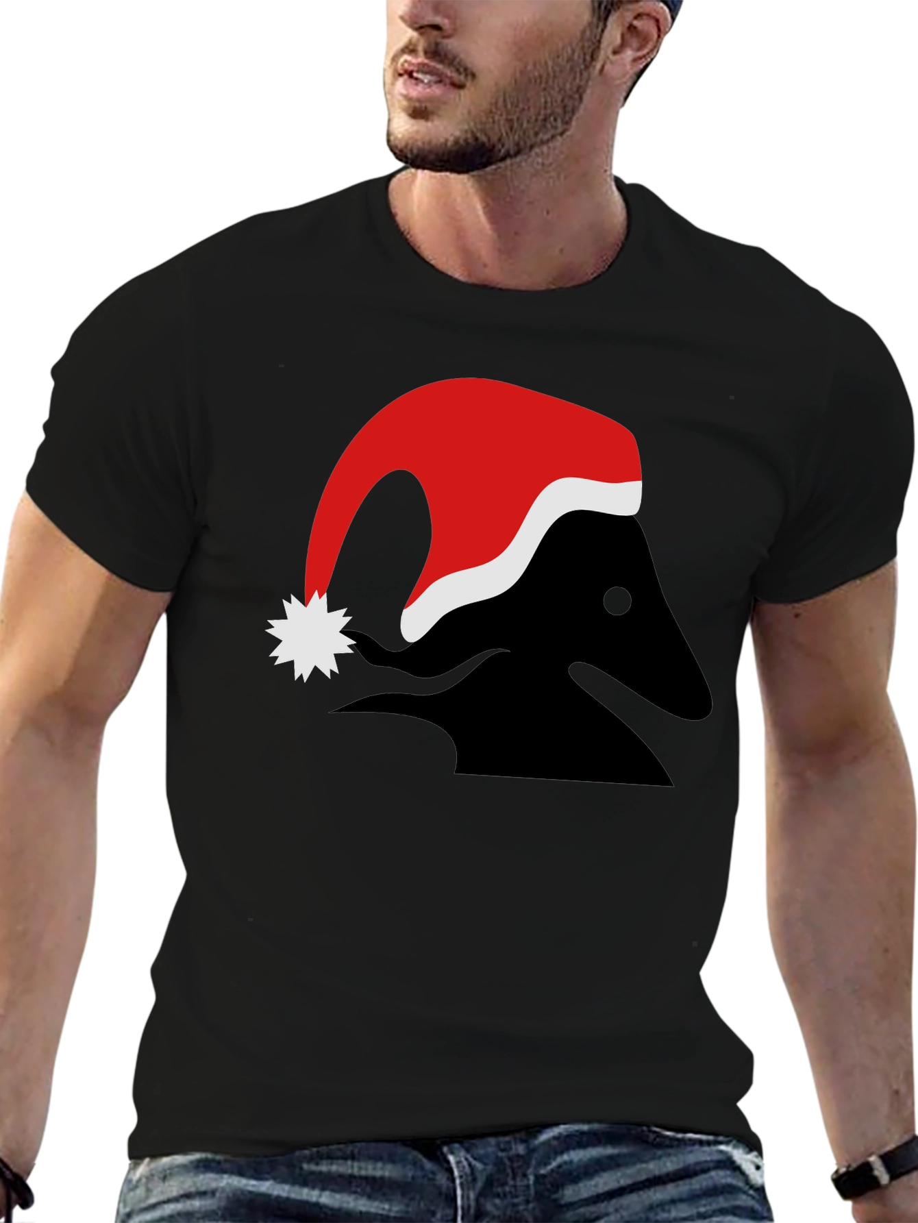Festive Black T-Shirt with Santa Hat Design