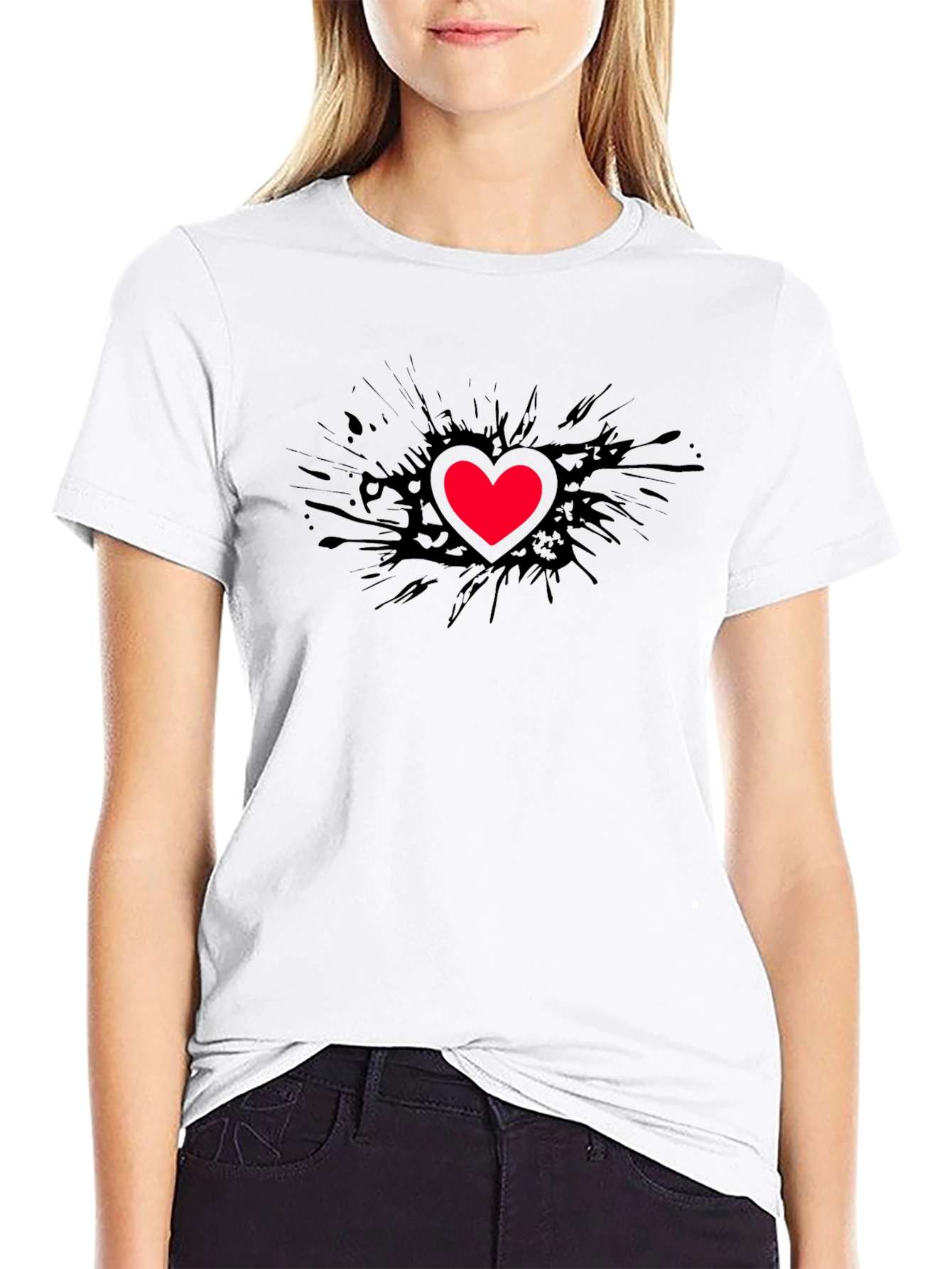Black T-Shirt with Red Heart Graphic