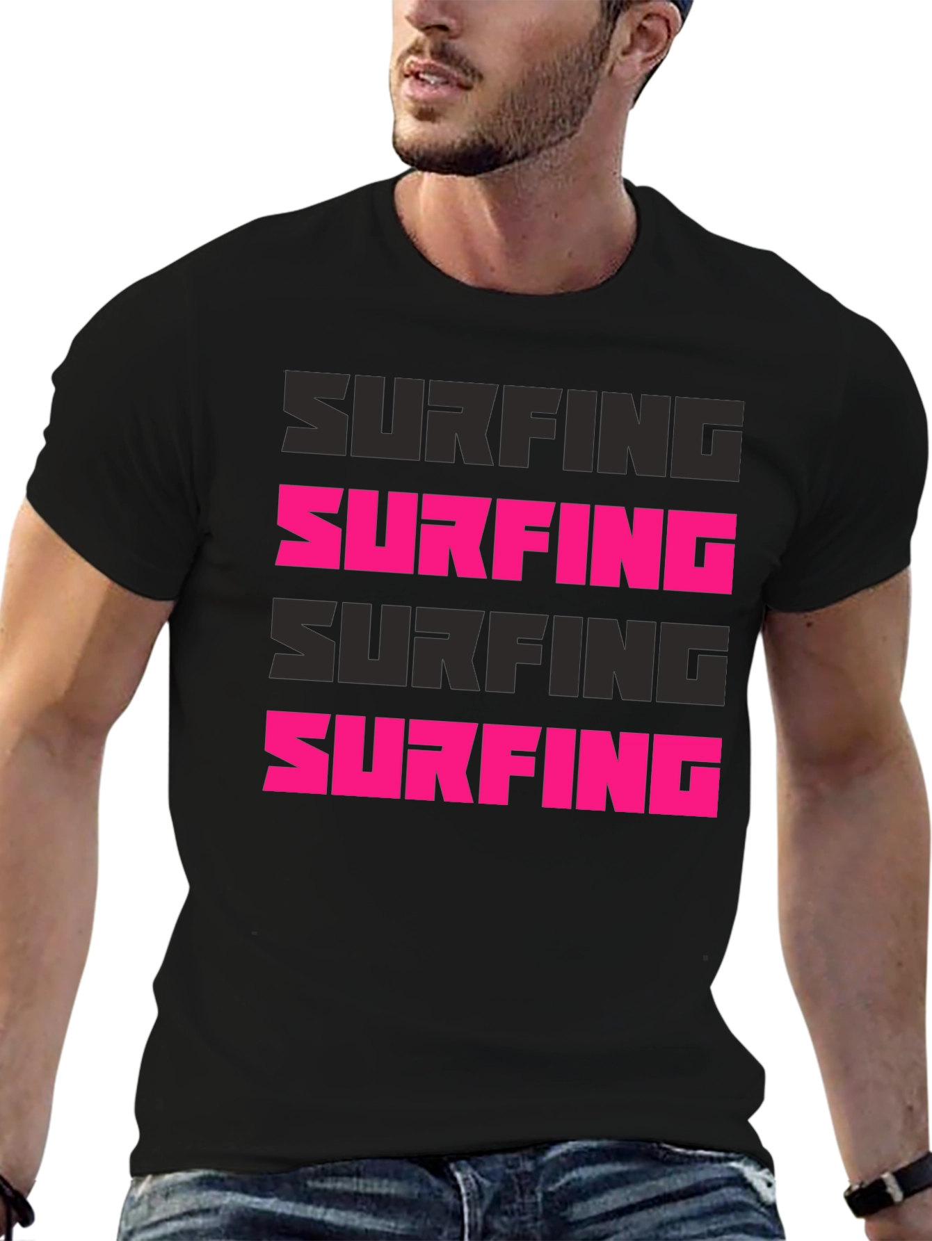 Surfing Graphic Print Black T-Shirt