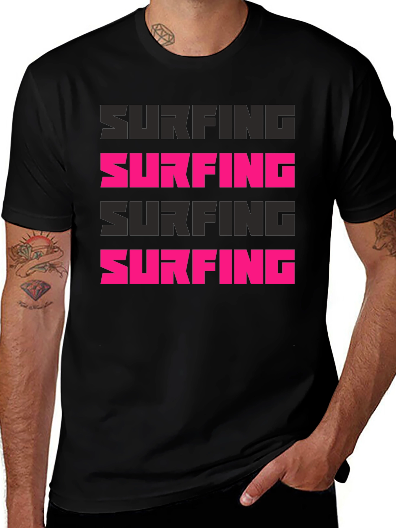 Surfing Graphic Print Black T-Shirt